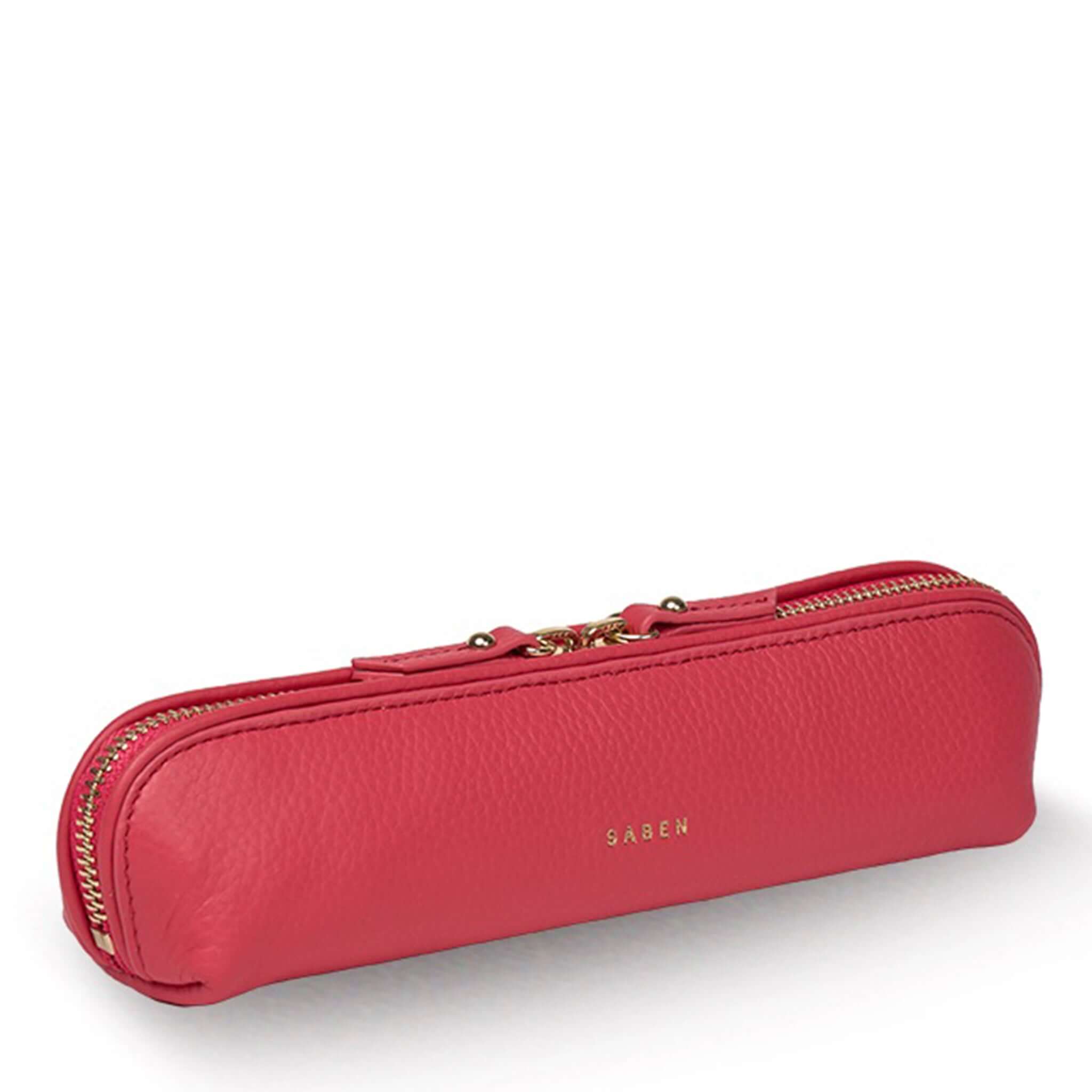 Saben Tali Pencil / Cosmetic Case - Azalea in vibrant pink with gold detailing and a zip closure.