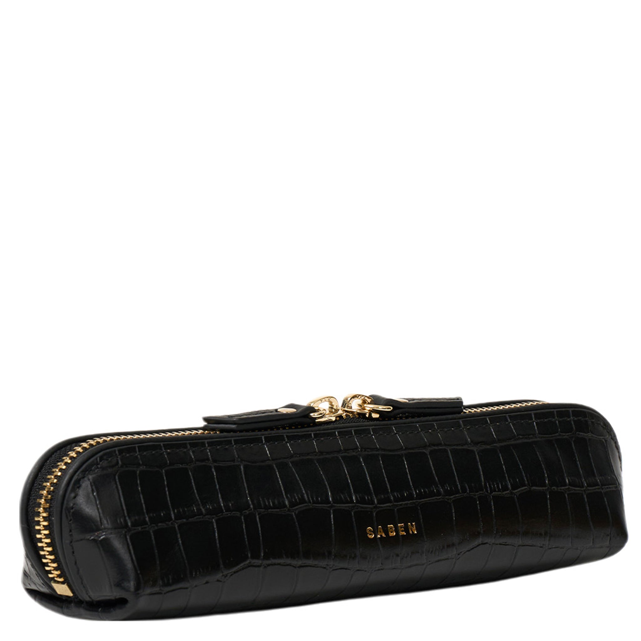 Black crocodile-patterned clutch bag with gold accents on a white background