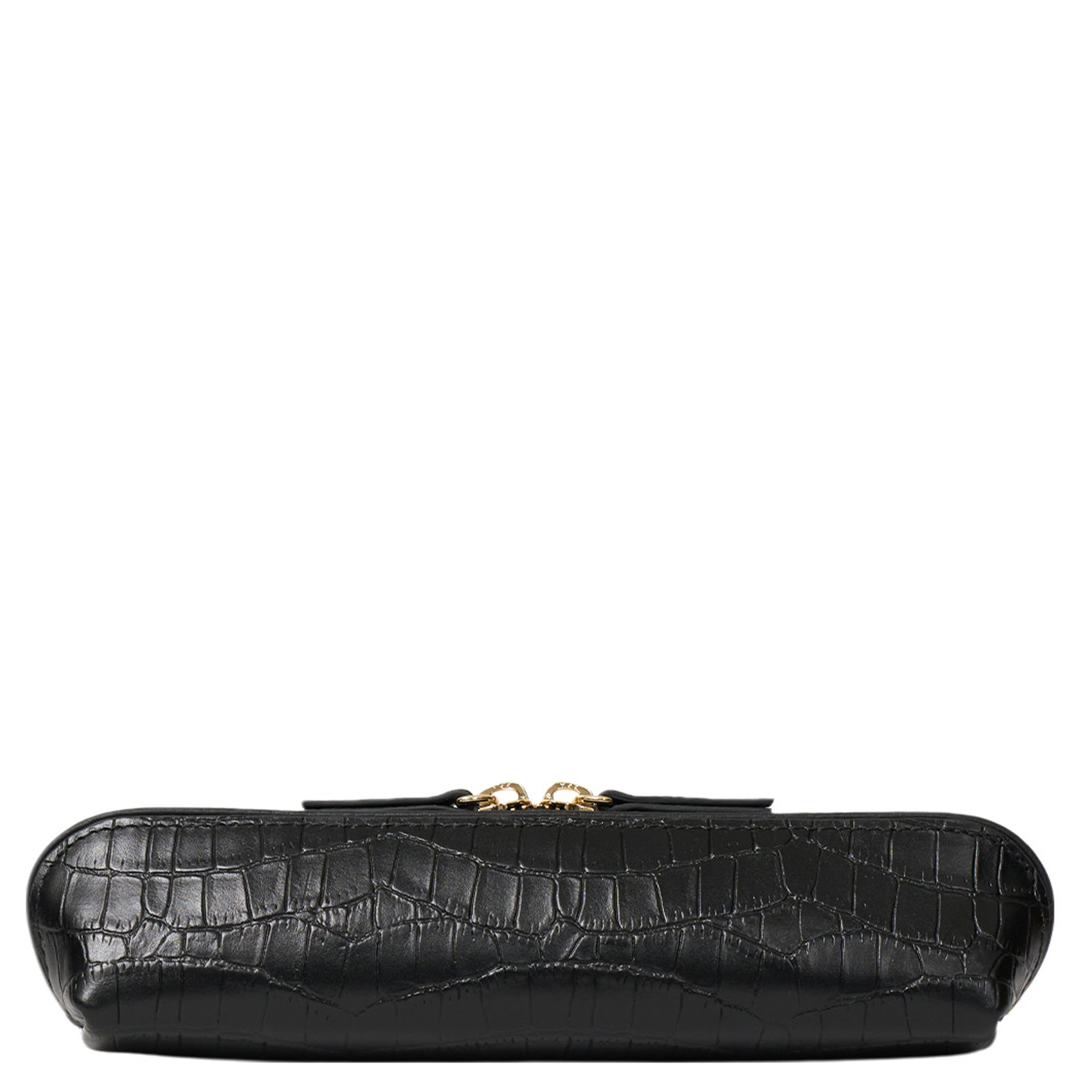 Black crocodile-patterned clutch bag with gold zipper on a white background
