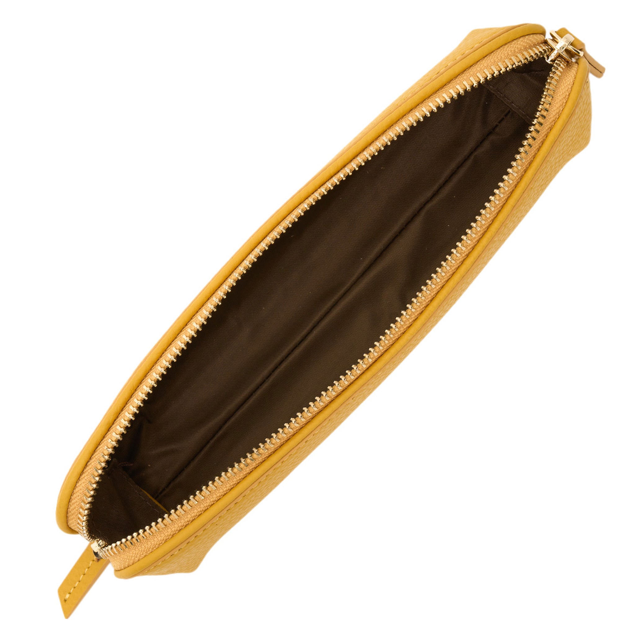 Yellow pencil case with a gold zipper on a white background