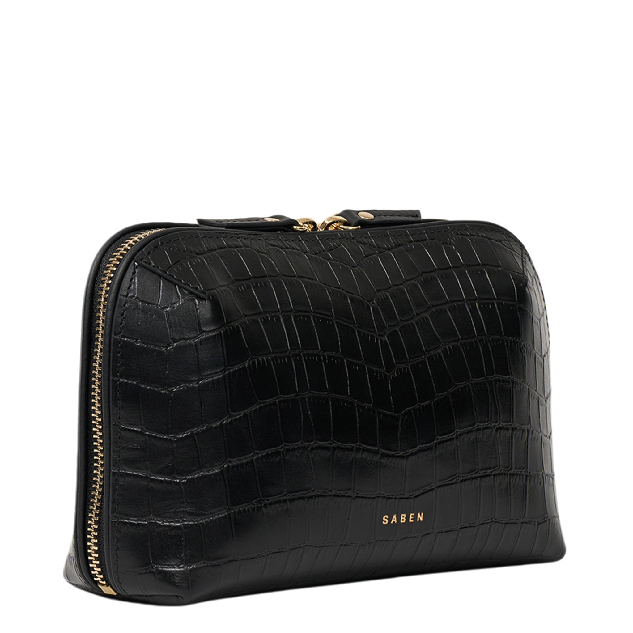 Black crocodile-patterned handbag with gold zipper and 'SABEN' branding on a white background