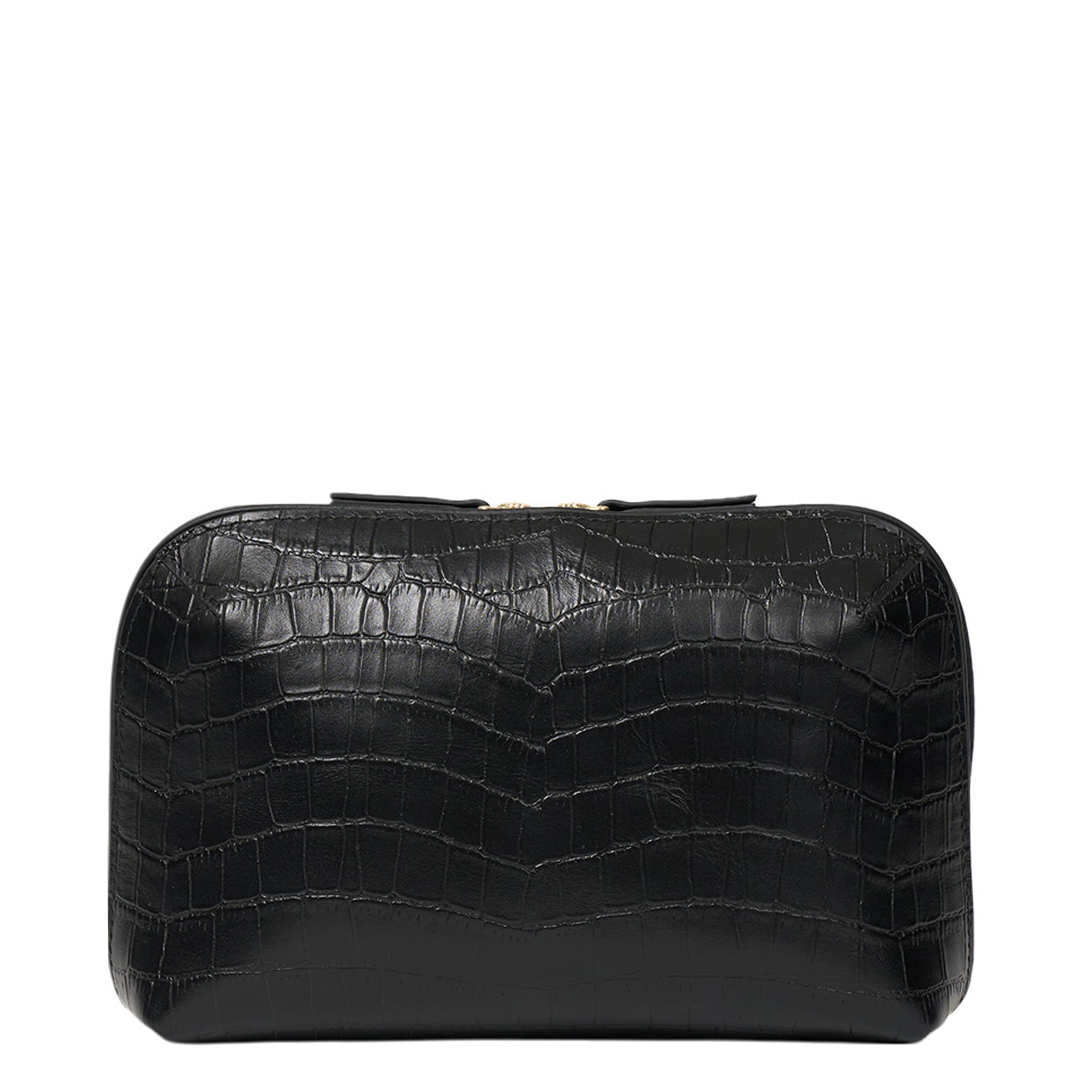 Black crocodile-patterned handbag on a white background