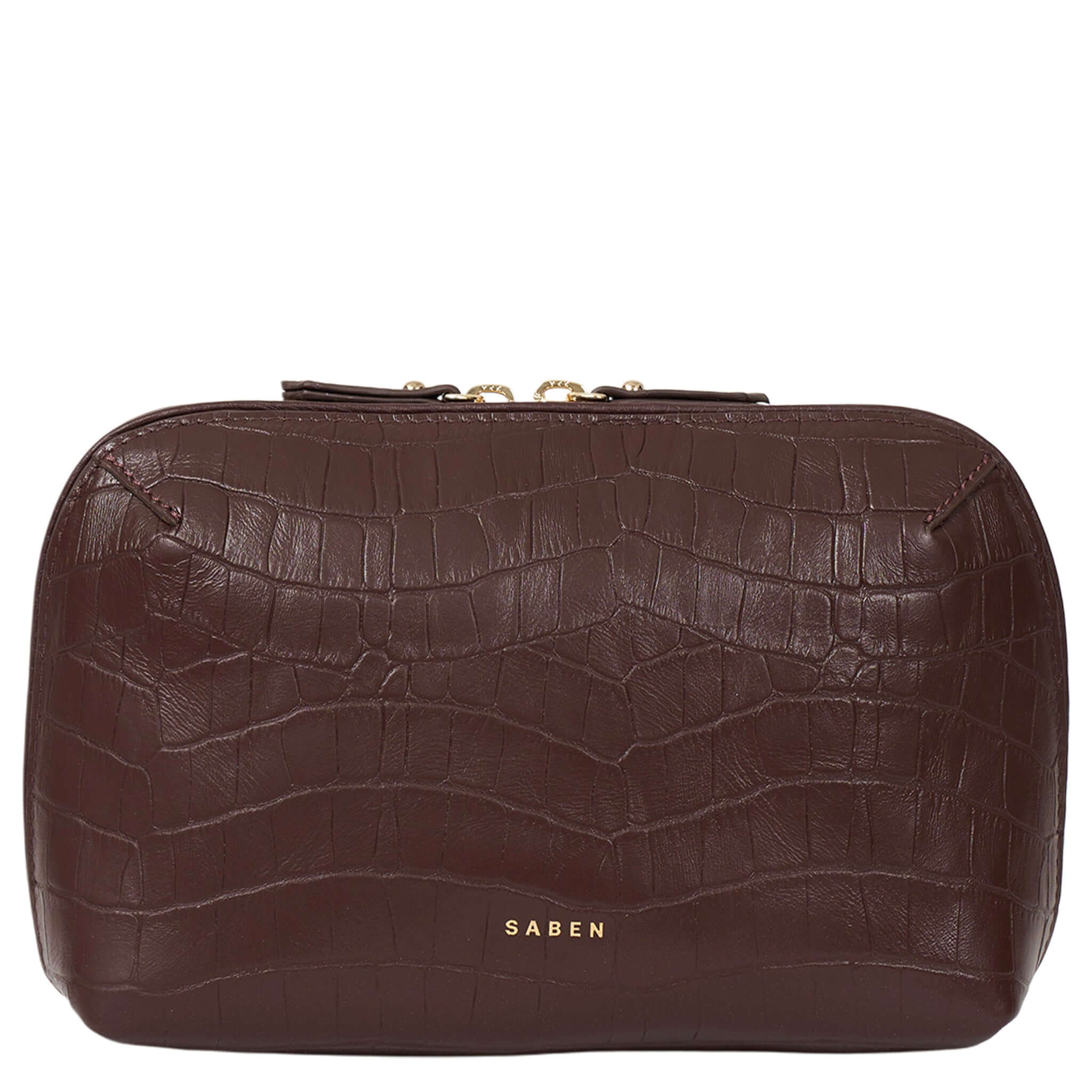 Alt Tag: Saben Tate Tech / Cosmetic Pouch - Espresso Croc mid-sized leather pouch with croc texture and zip, ideal for makeup, skincare, chargers