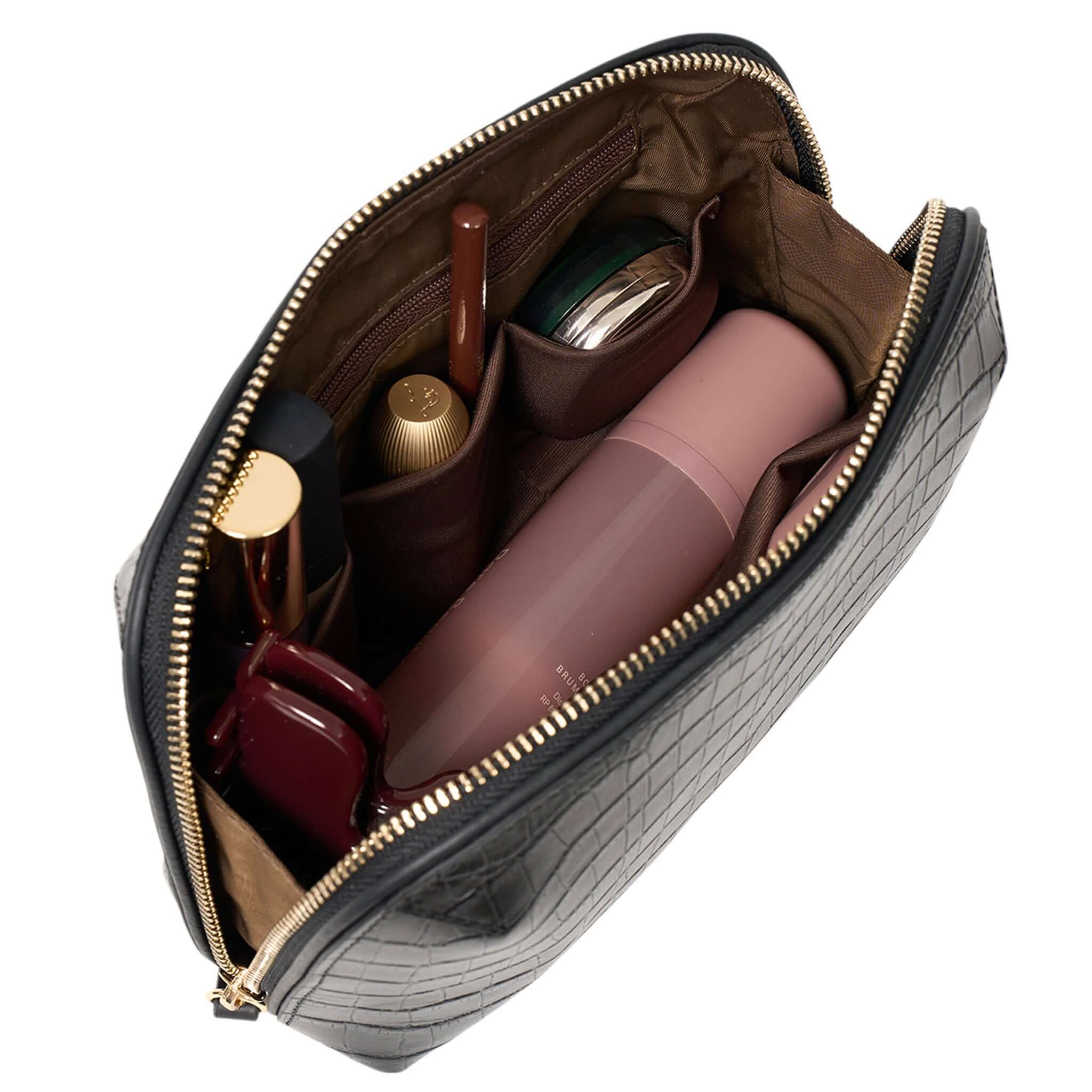 Alt Tag: Saben Tate Tech / Cosmetic Pouch - Espresso Croc open leather pouch with zip, holding makeup and skincare essentials