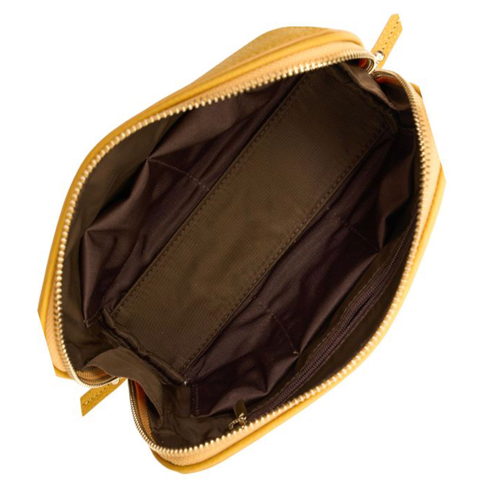 Open yellow bag with a black interior on a white background