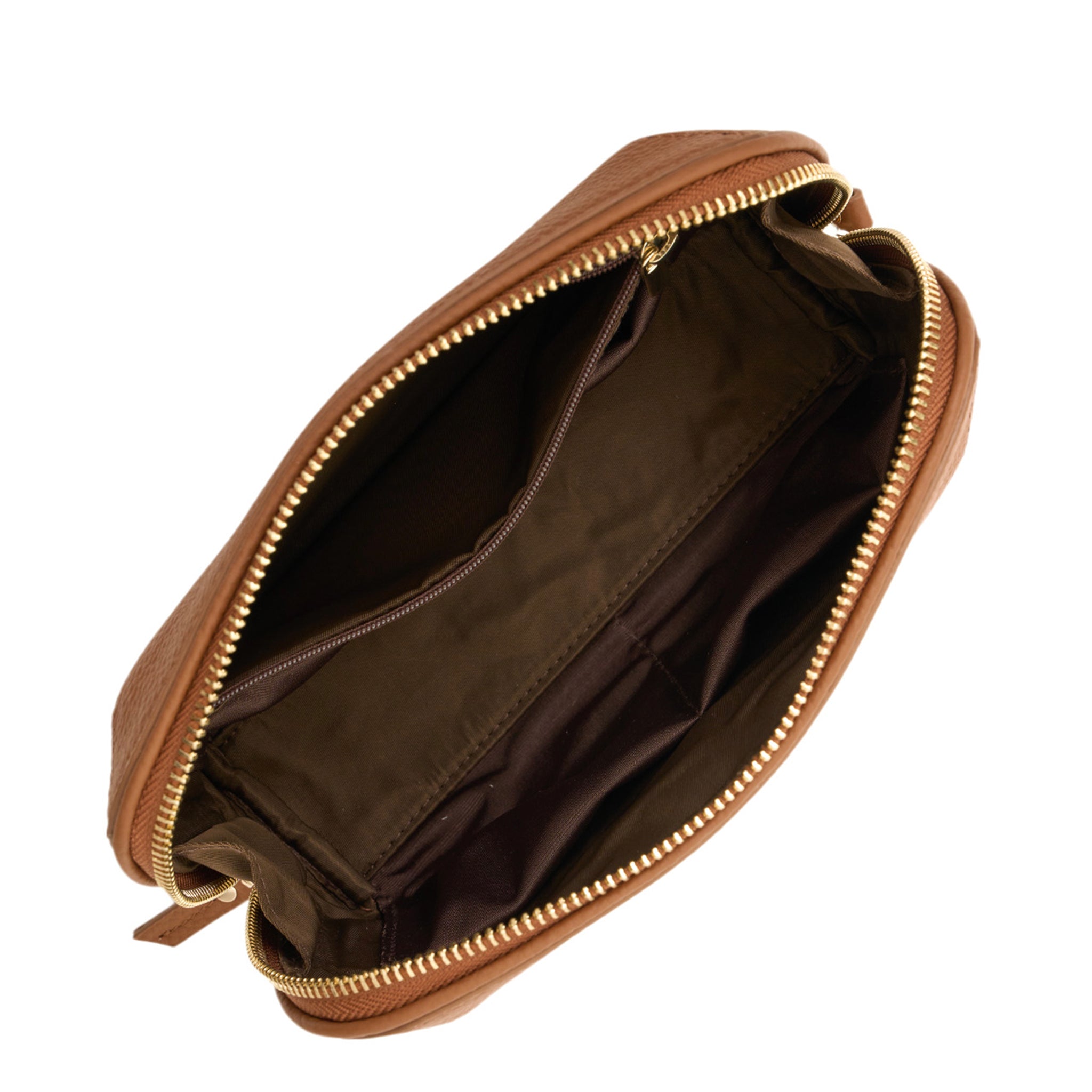 Brown leather pouch with gold zipper on a white background