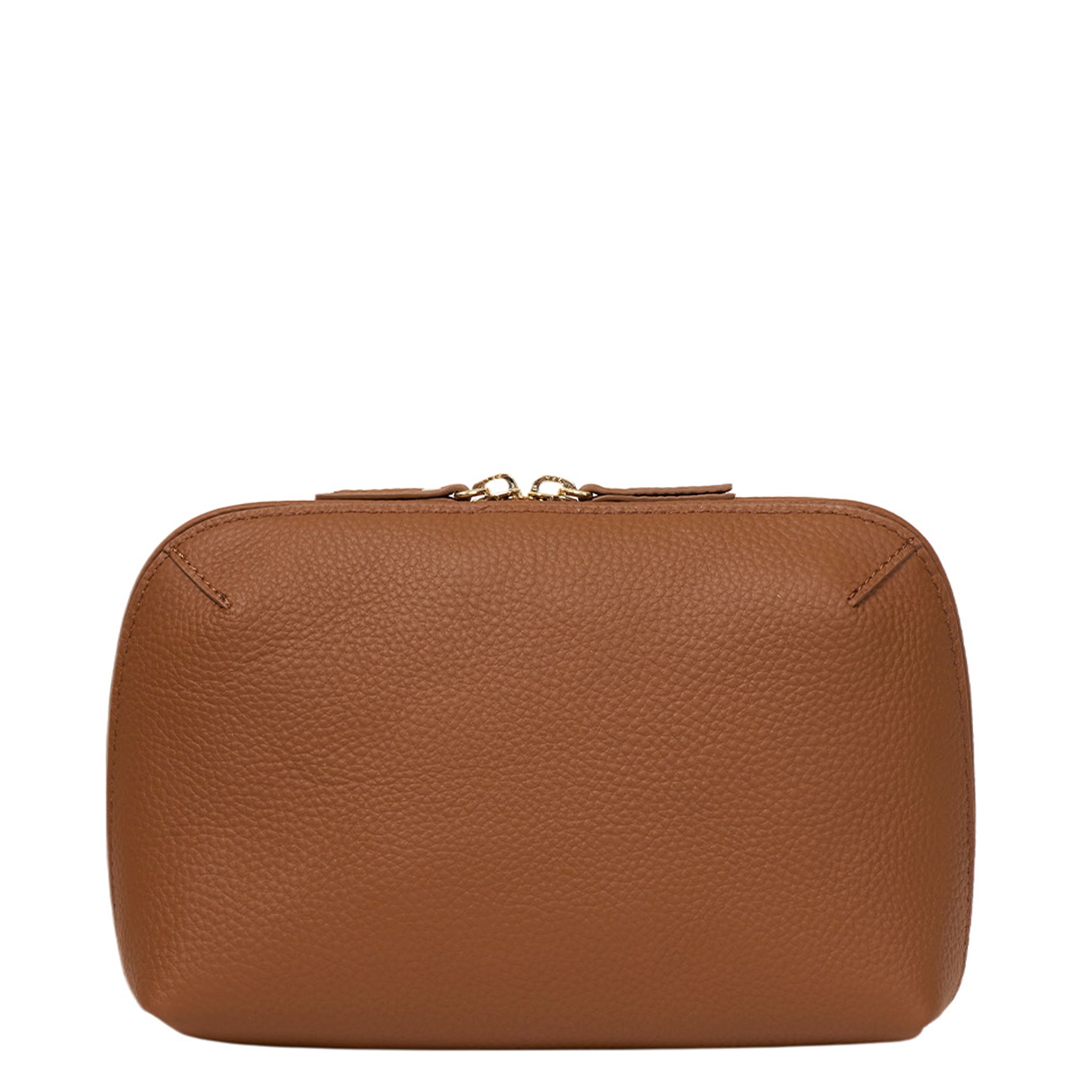 Brown leather pouch with a gold zipper on a white background