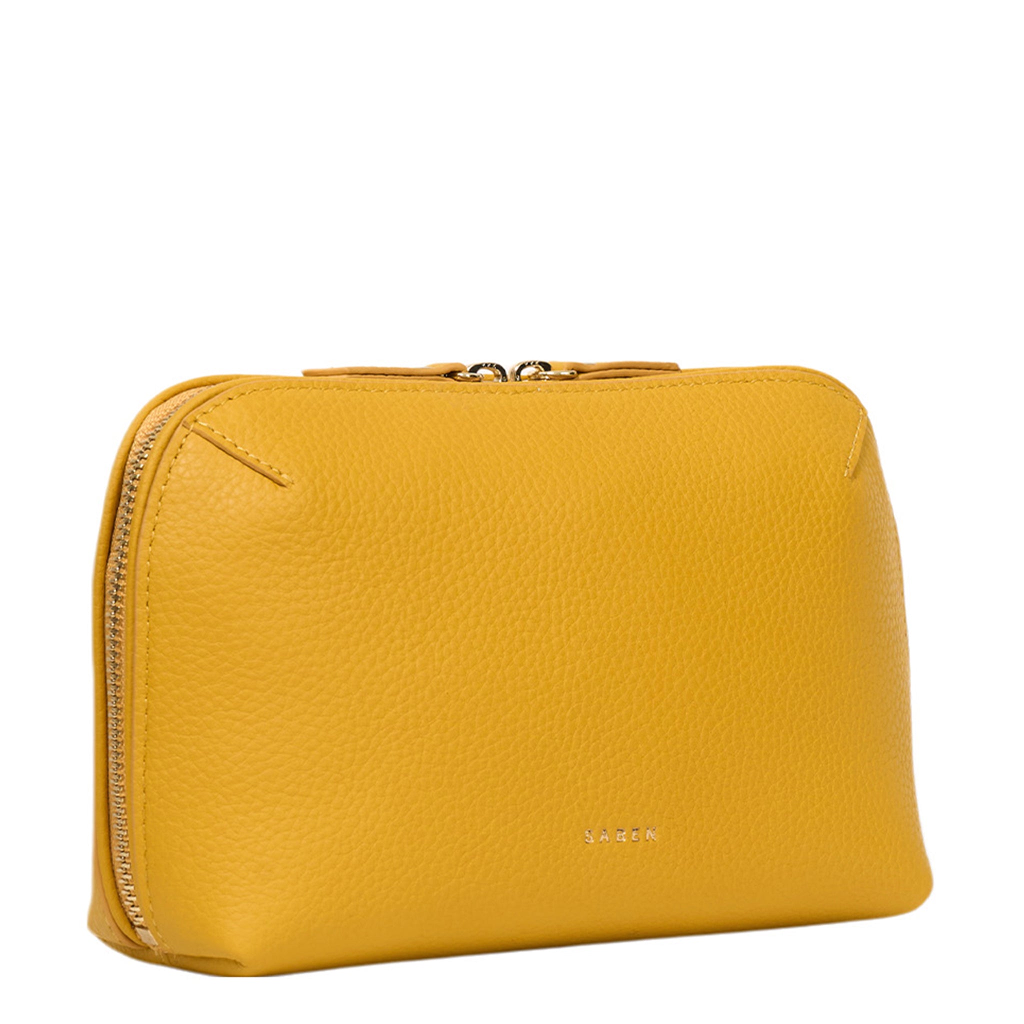 Yellow toiletry bag with a brand logo on a white background