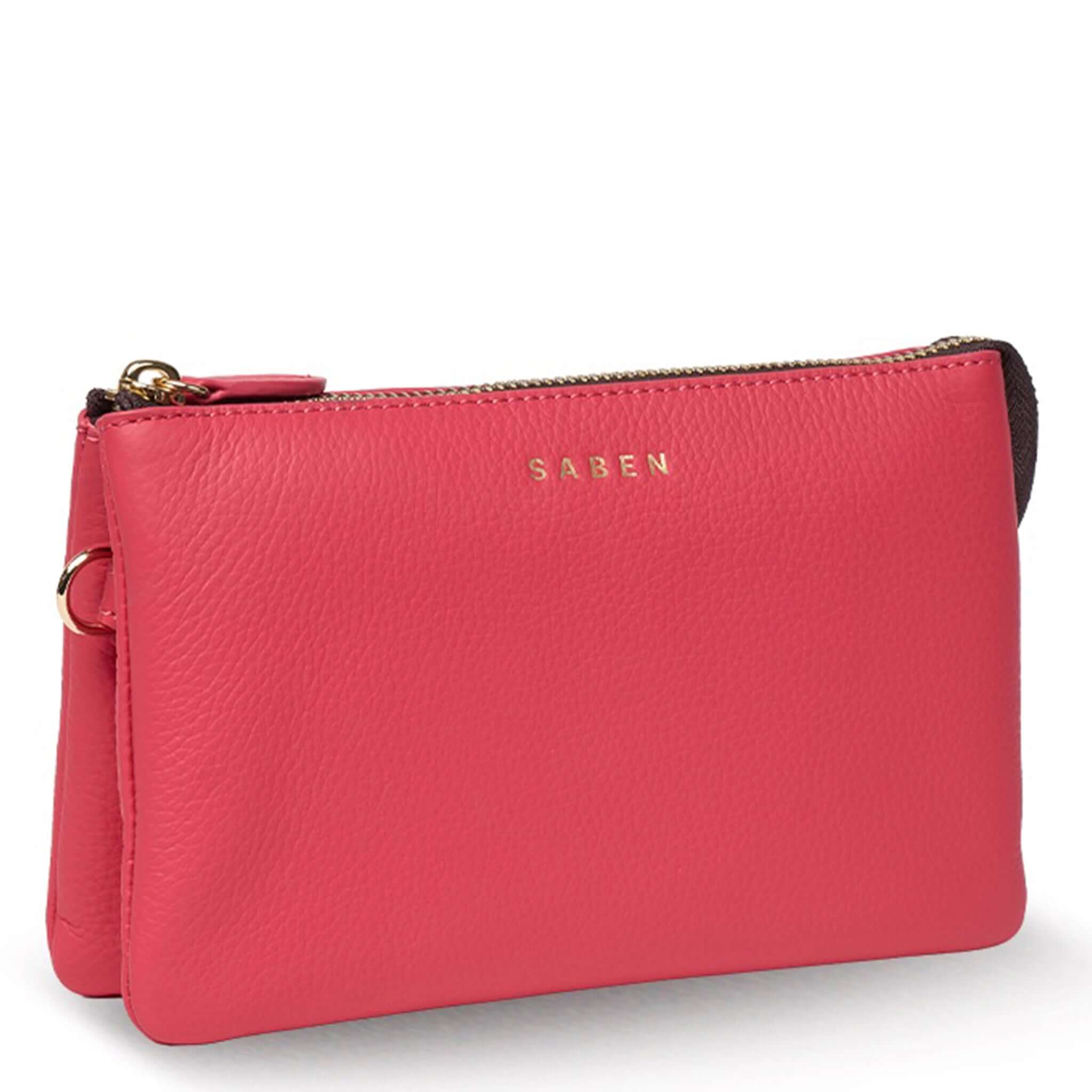 Saben Tilly Crossbody Bag - Azalea in vibrant pink leather with gold accents.