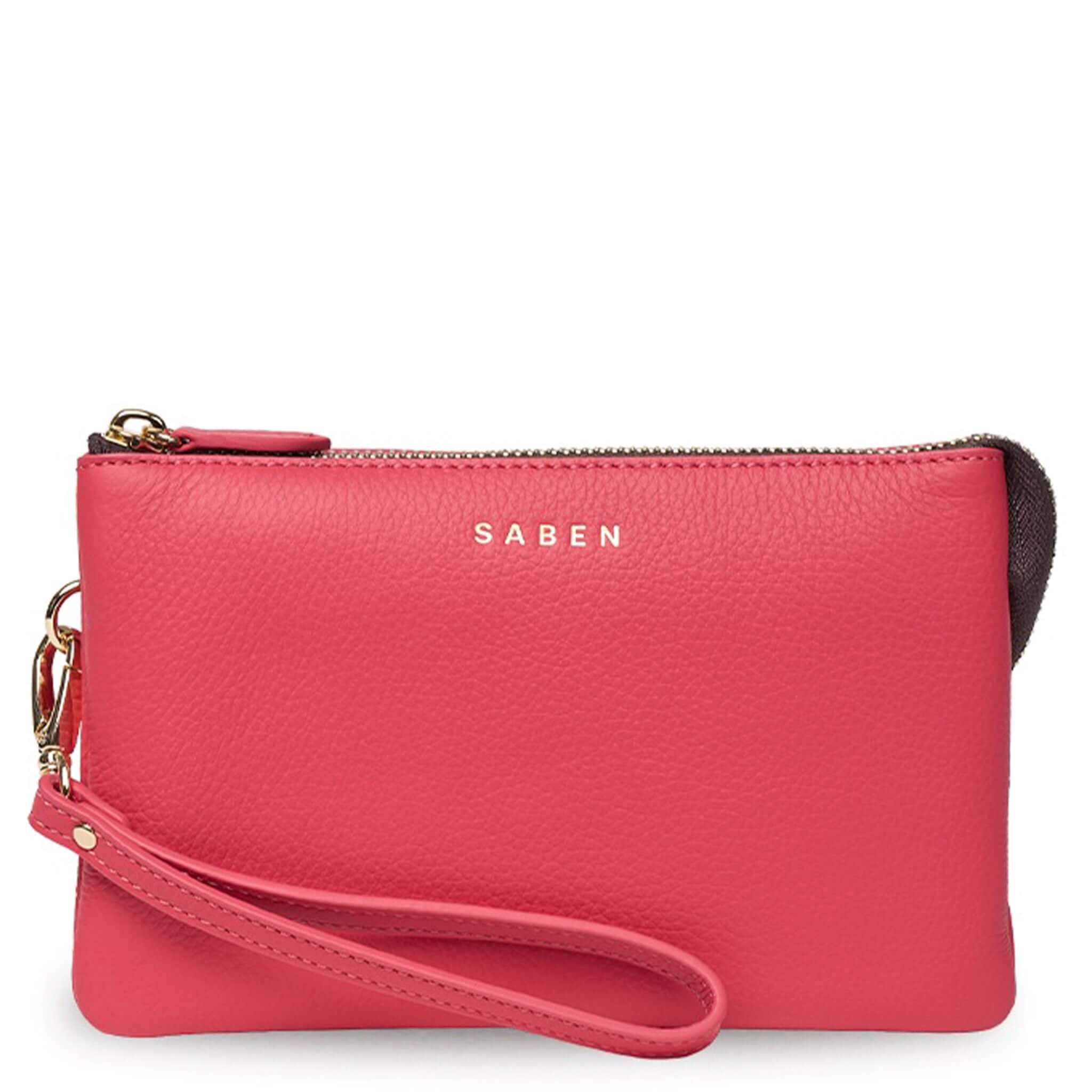 Saben Tilly Crossbody Bag - Azalea in vibrant pink leather with logo and wrist strap.