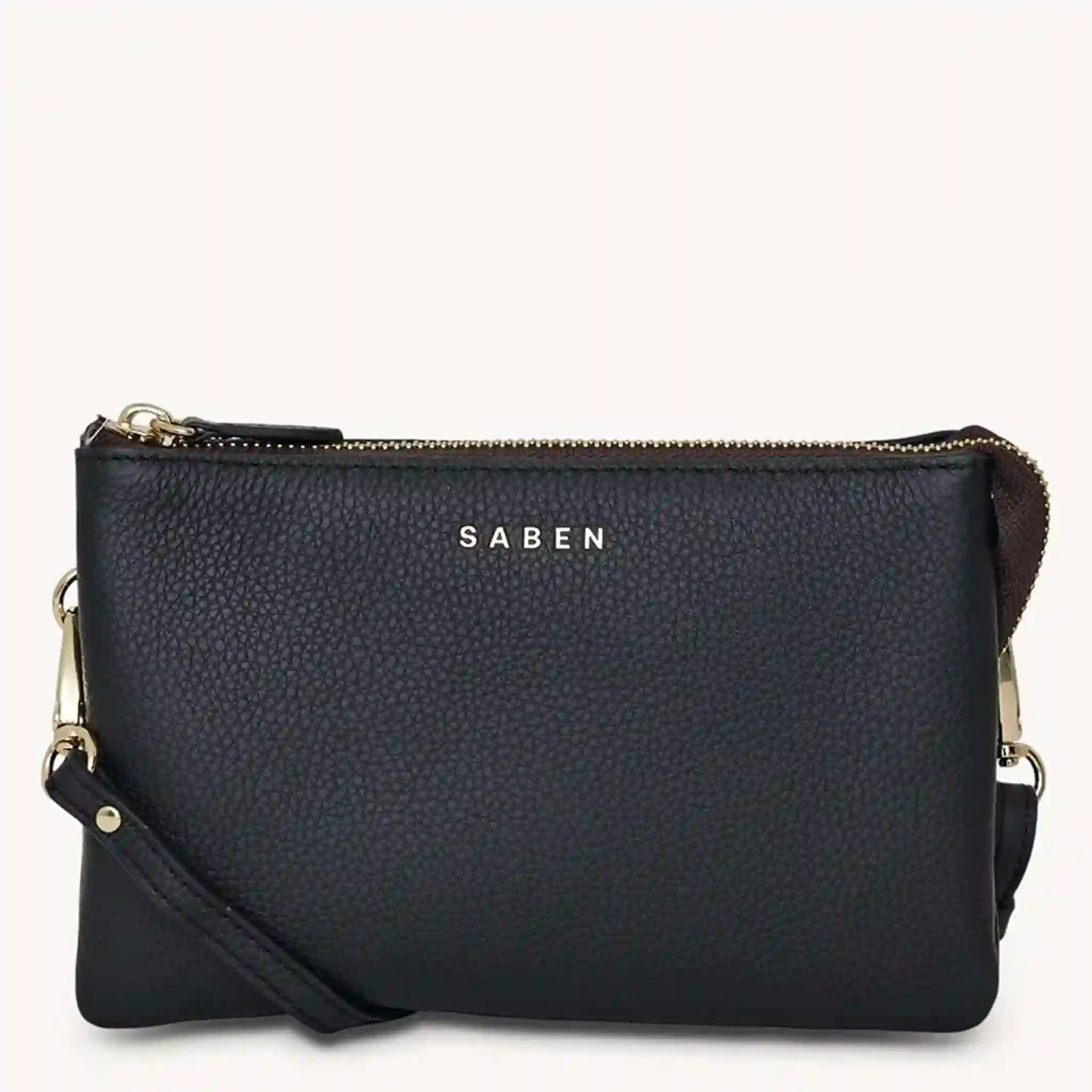 Black handbag with gold zipper and strap on a white background, featuring the brand 'Saben'.