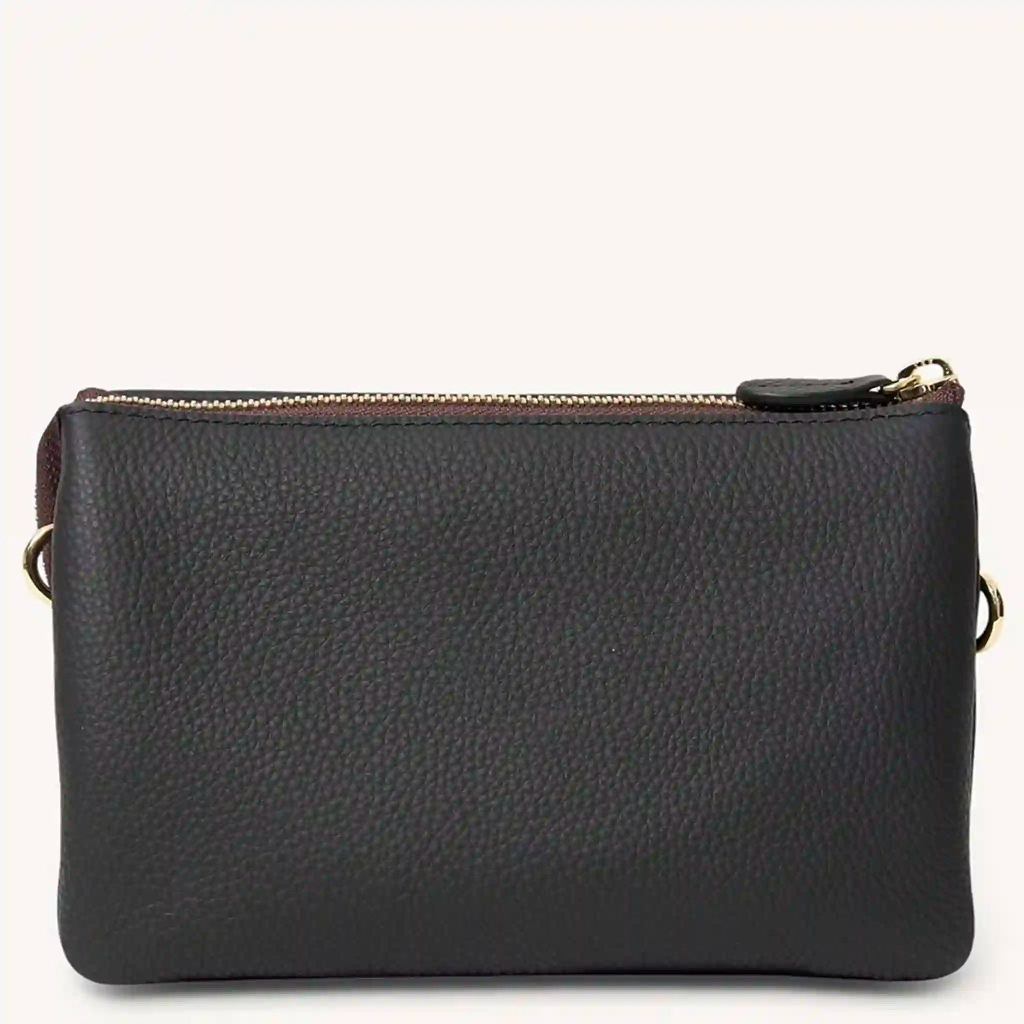 Black leather clutch bag with gold zipper on a white background
