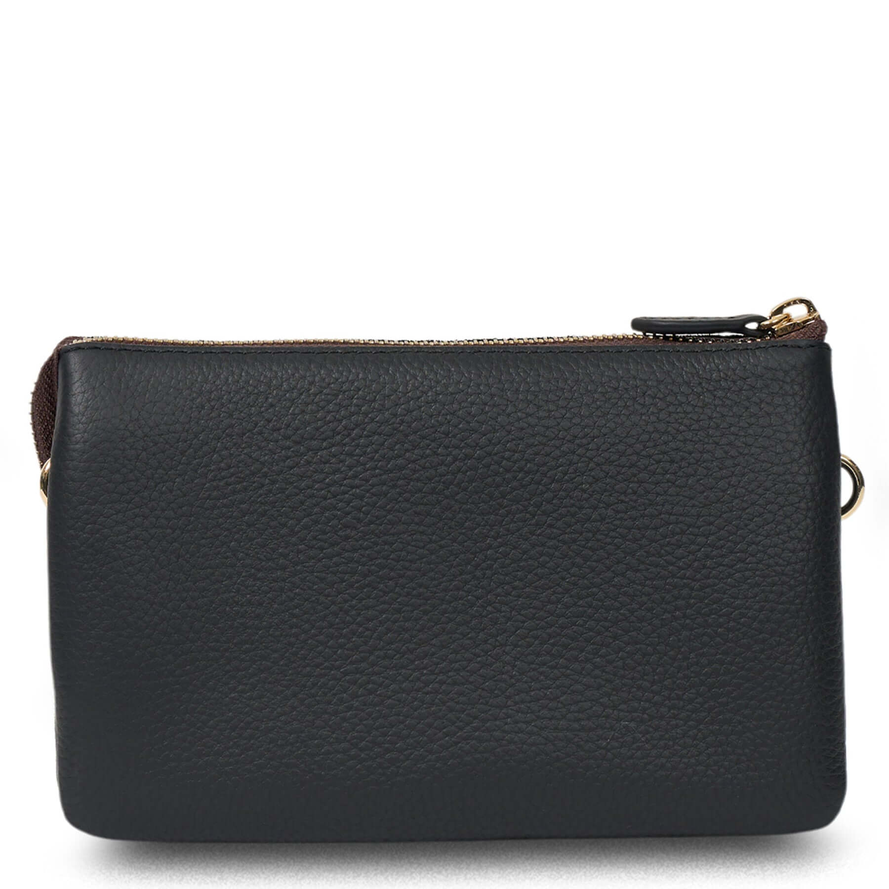 Alt Tag: Saben Tilly Crossbody Bag - Black Suede leather clutch wallet with zip top and gold hardware