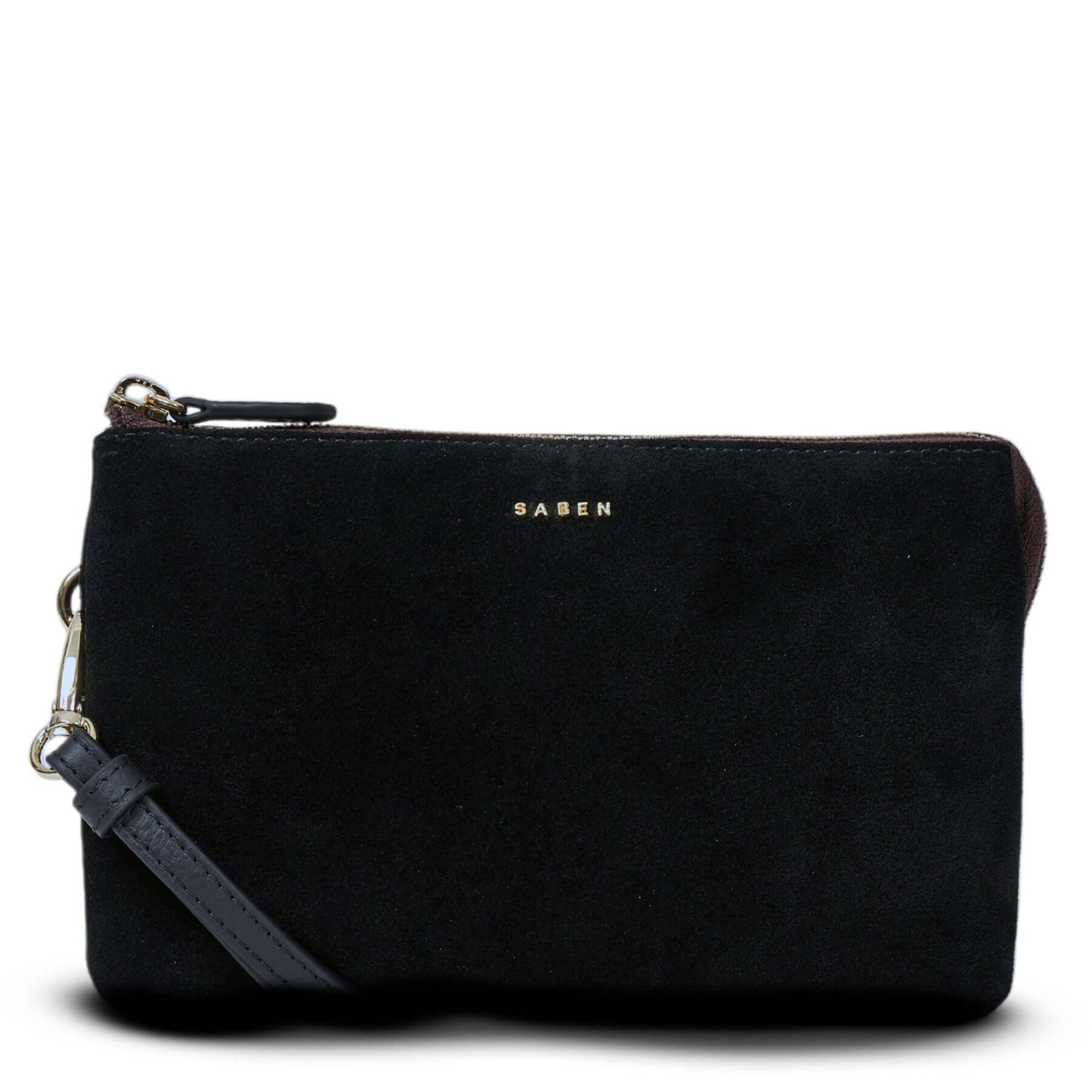 Alt Tag: Saben Tilly Crossbody Bag - Black Suede leather wallet clutch and crossbody, front view with wrist strap
