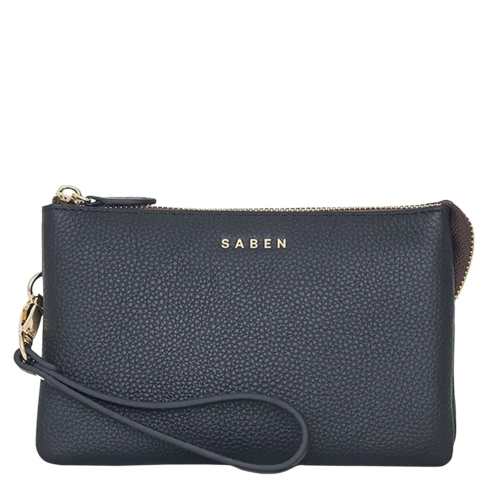 Black leather clutch bag with gold zipper and 'SABEN' branding on a white background