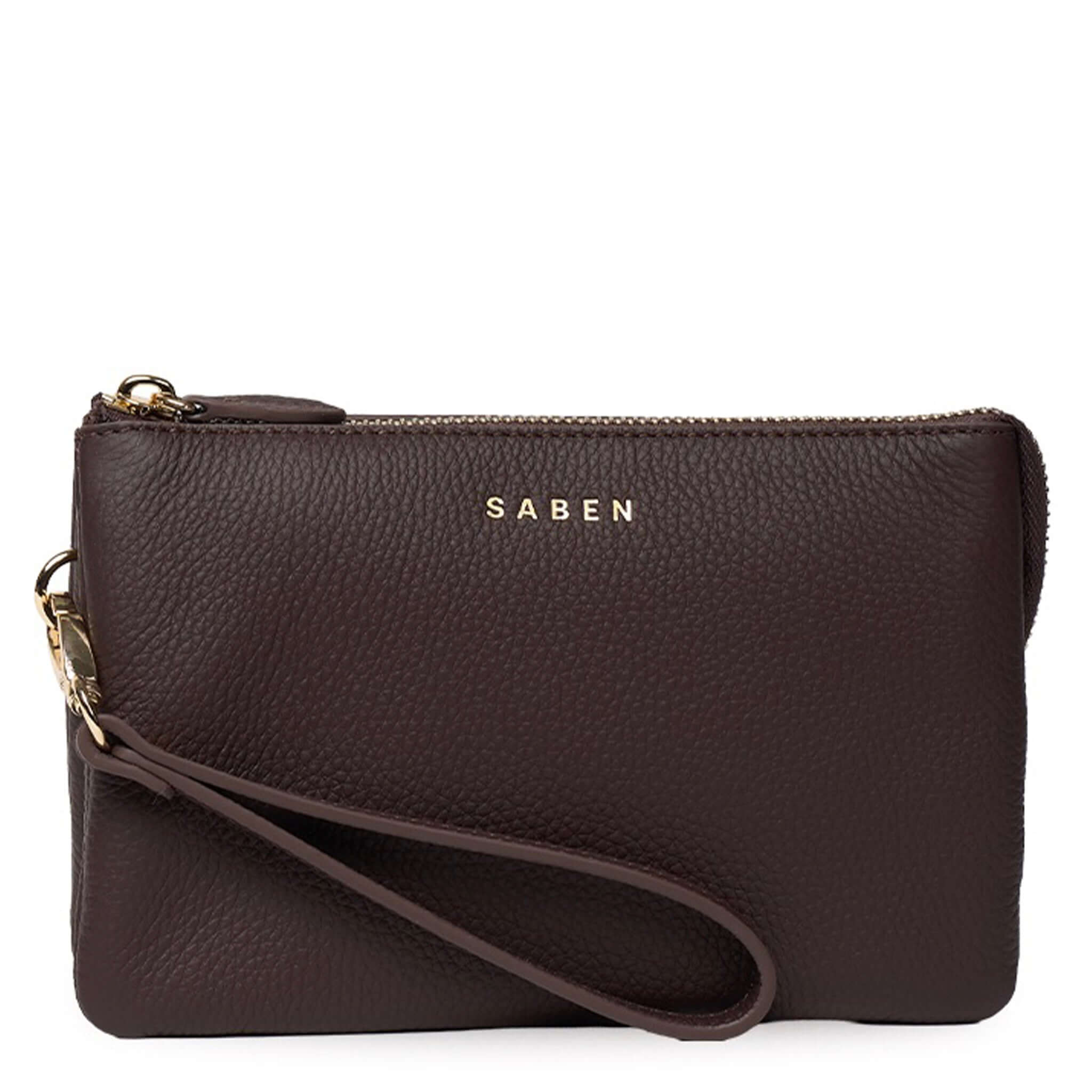 Saben Tilly Crossbody Bag - Cacao in dark brown leather with gold logo and wrist strap.