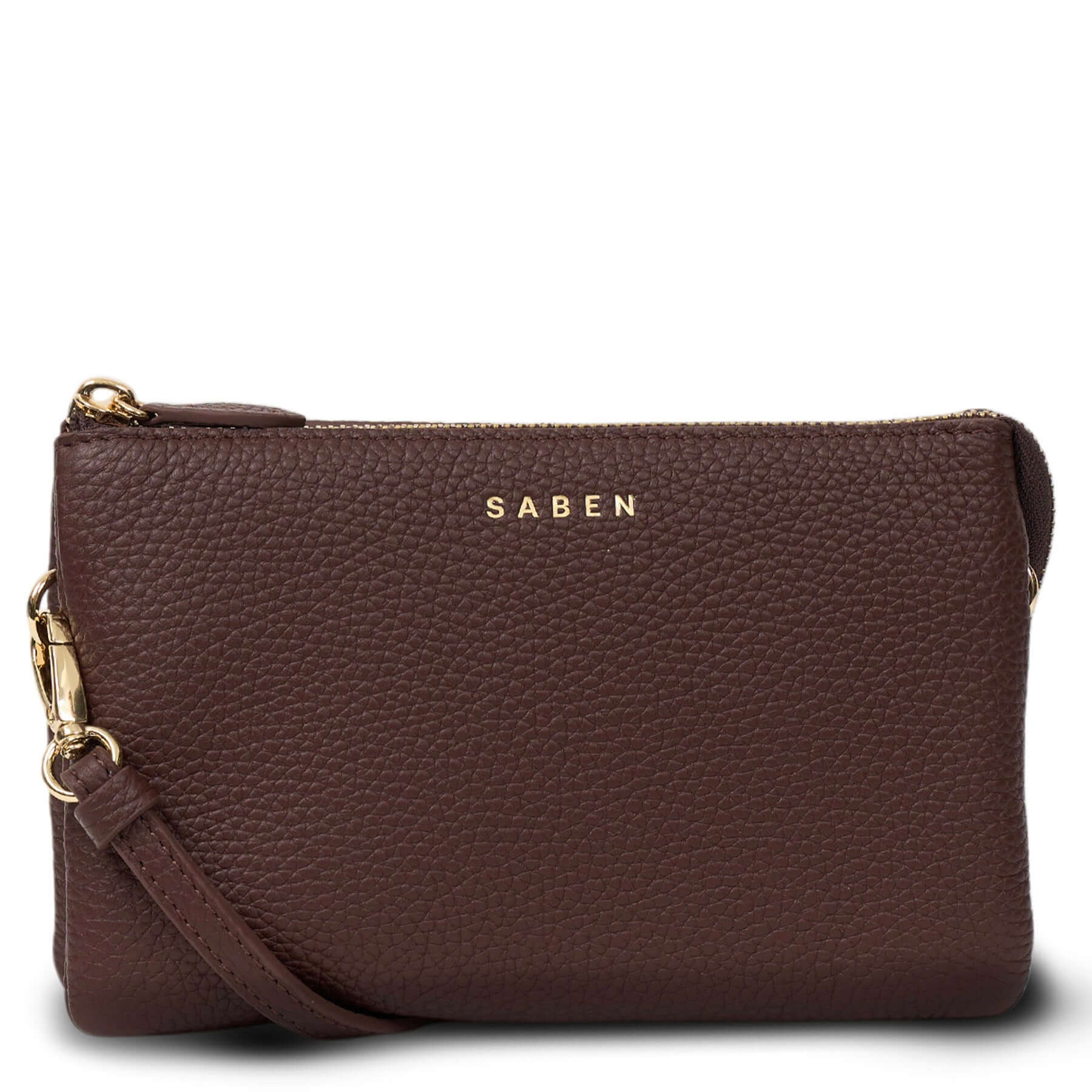Alt Tag: Saben Tilly Crossbody Bag - Espresso leather wallet clutch and crossbody with gold hardware, front view
