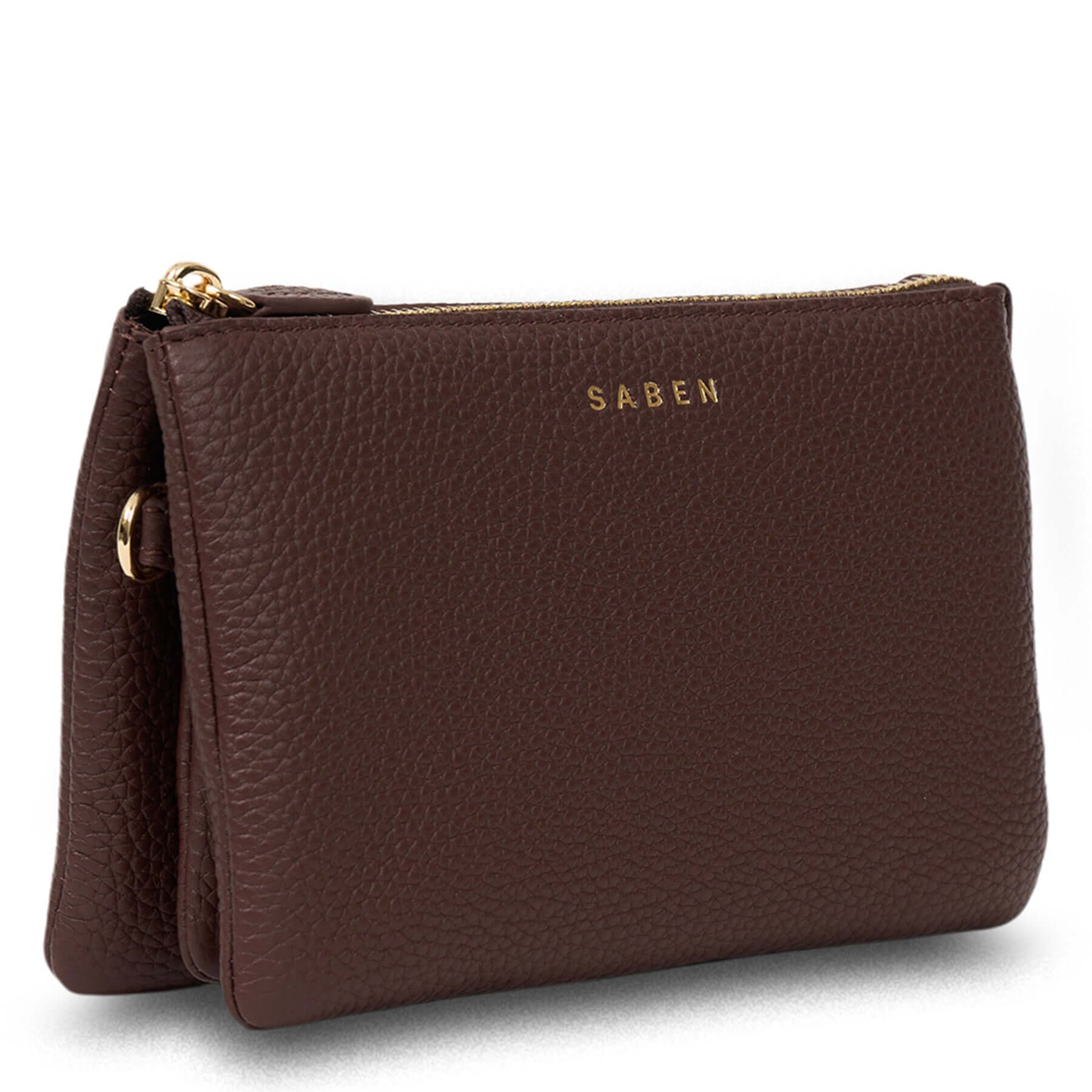 Alt Tag: Saben Tilly Crossbody Bag - Espresso leather wallet clutch crossbody with gold hardware, compact Saben pouch