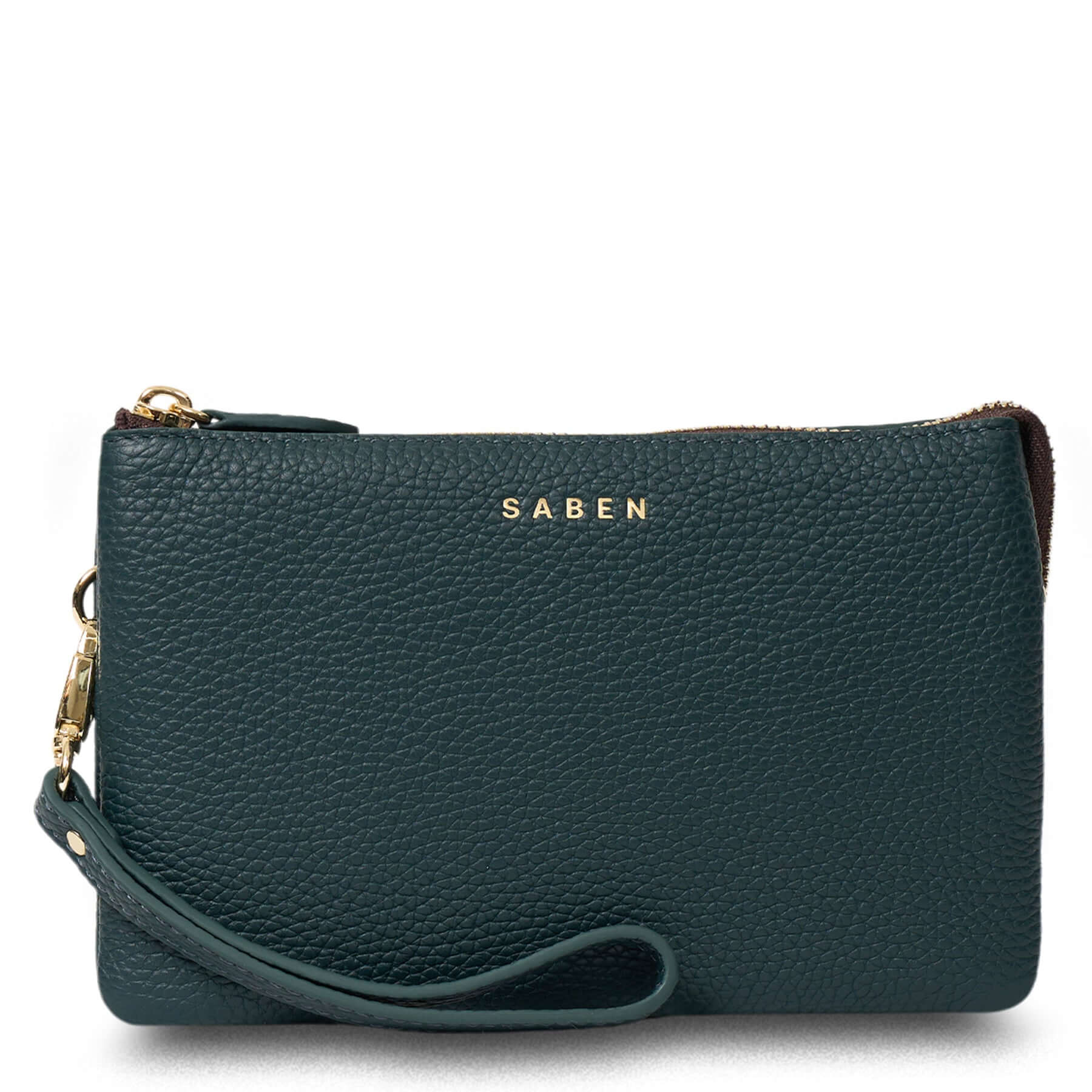Alt Tag: Saben Tilly Crossbody Bag - Hunter Green leather wallet clutch crossbody with wrist strap and gold-tone zip, front view