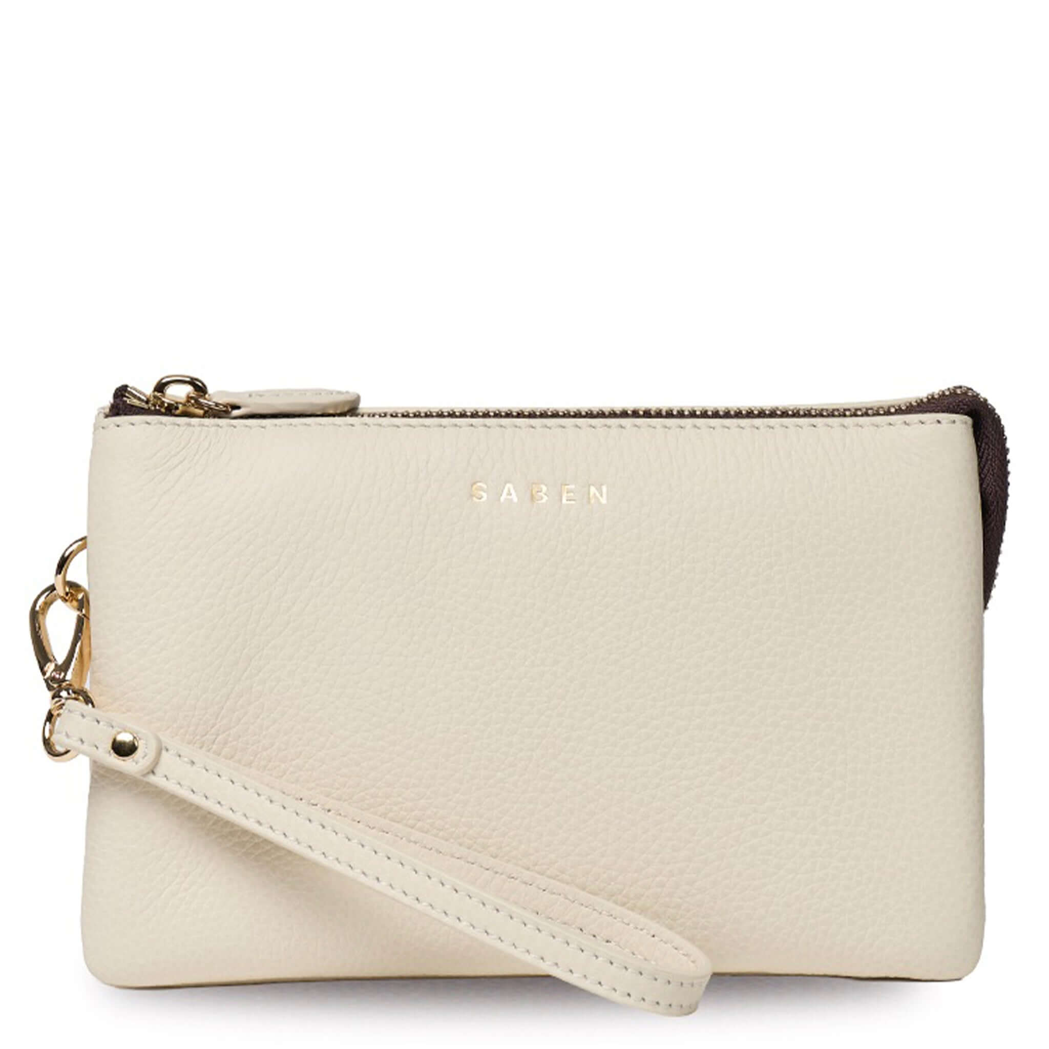 Saben Tilly Crossbody Bag - Quartz in light beige leather with wrist strap and gold logo.