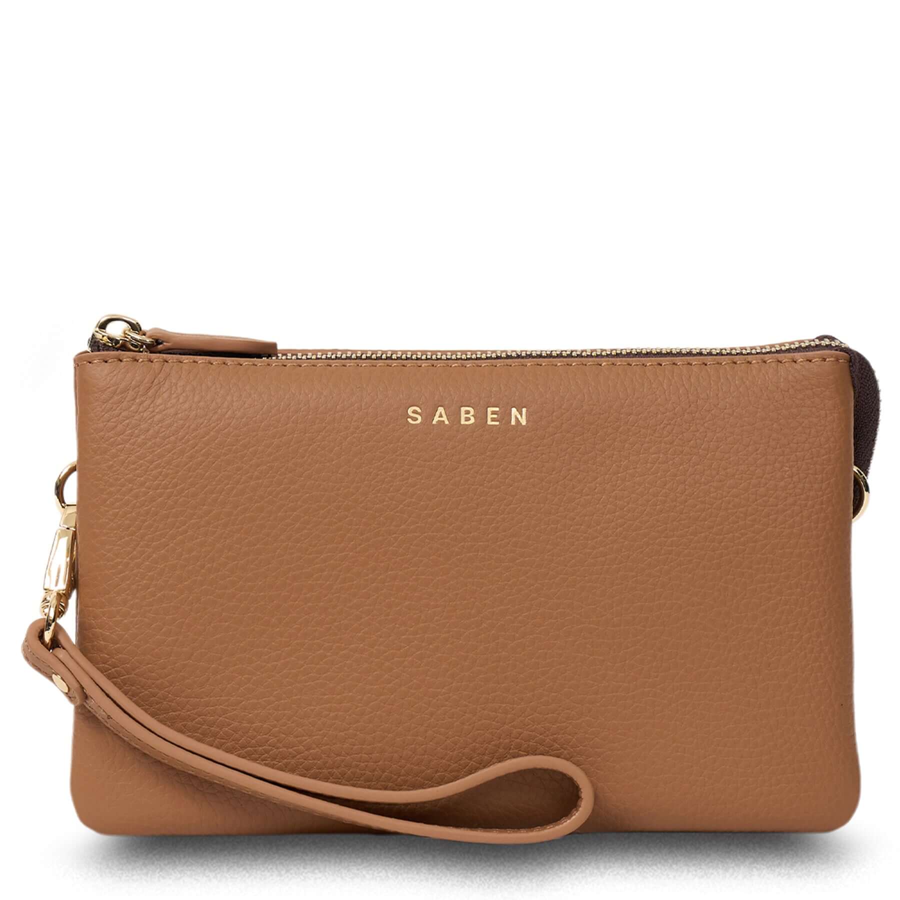 Alt Tag: Saben Tilly Crossbody Bag - Toffee leather crossbody wallet clutch with wrist strap and gold zipper, front view