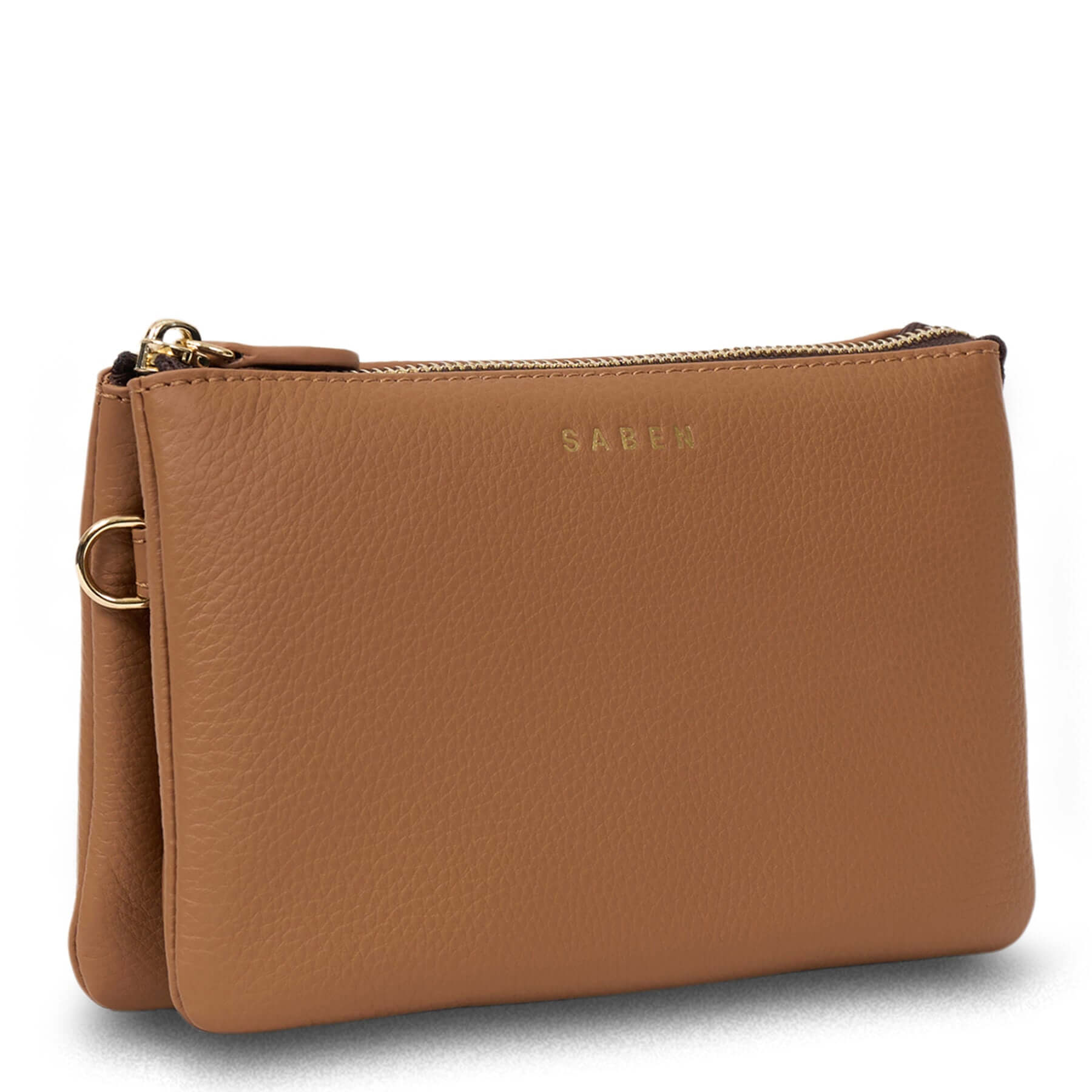 Alt Tag: Saben Tilly Crossbody Bag - Toffee leather wallet clutch crossbody with gold zip and hardware