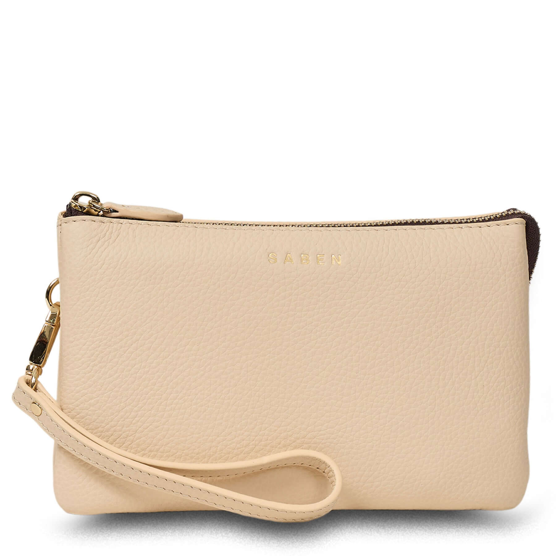 Alt Tag: Saben Tilly Crossbody Bag - Vanilla vanilla leather wallet clutch and crossbody bag with wrist strap and zip closure