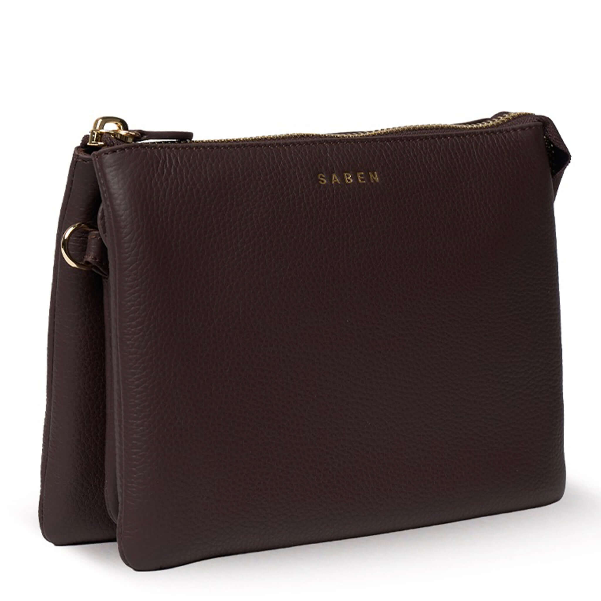 Saben Tilly's Big Sis Crossbody Bag - Cacao side view showcasing pebbled leather design and gold zipper.