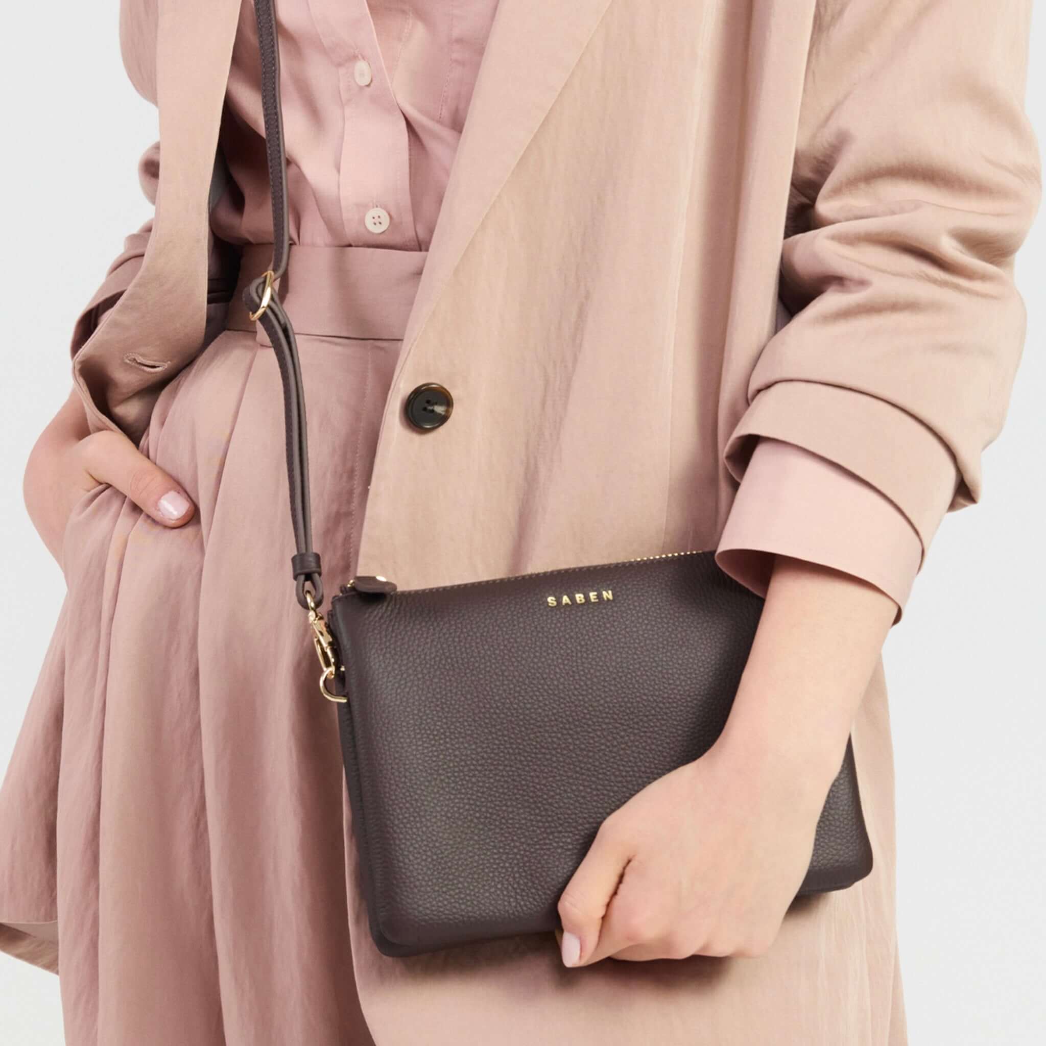 Saben Tilly's Big Sis Crossbody Bag - Cacao in use, showcasing its stylish design and pebbled leather texture.