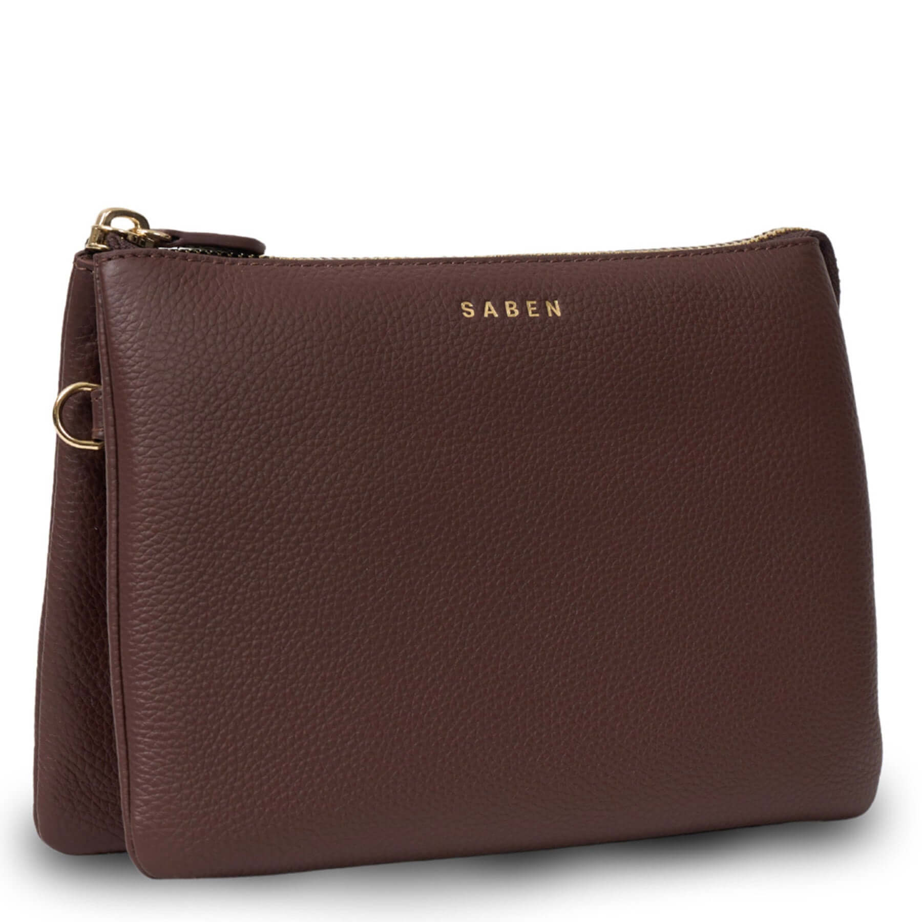 Alt Tag: Saben Tilly's Big Sis Crossbody Bag - Espresso pebbled leather clutch/crossbody with gold hardware and Saben logo