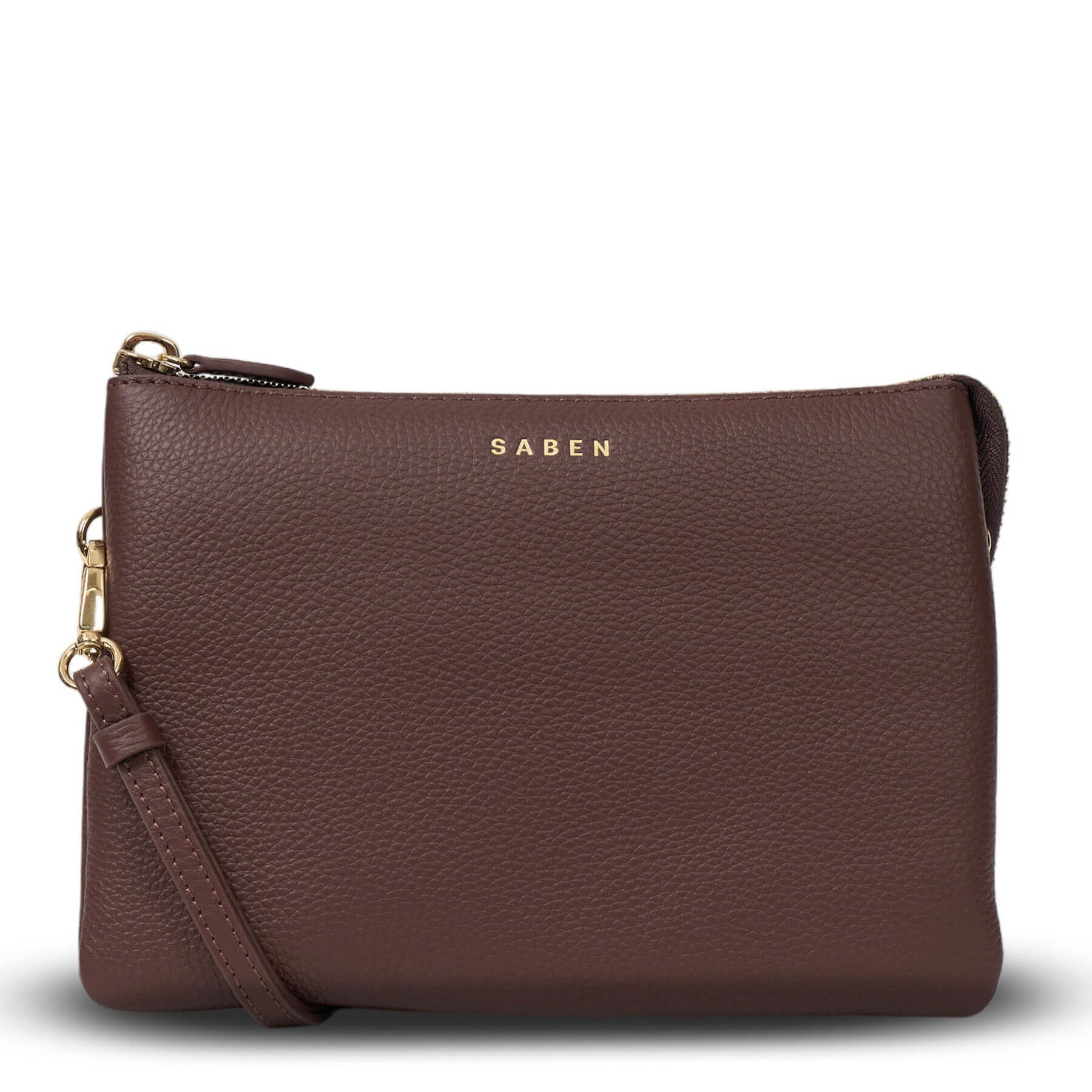 Alt Tag: Saben Tilly's Big Sis Crossbody Bag - Espresso pebbled leather crossbody clutch with wrist strap and gold Saben logo