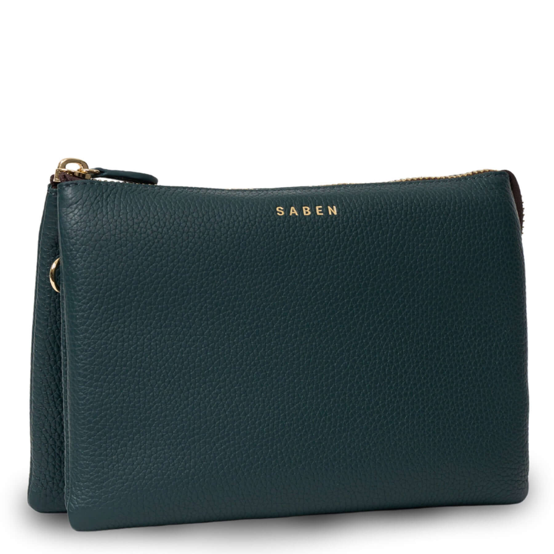 Alt Tag: Saben Tilly's Big Sis Crossbody Bag - Hunter Green pebbled leather clutch crossbody with gold Saben logo and zip top