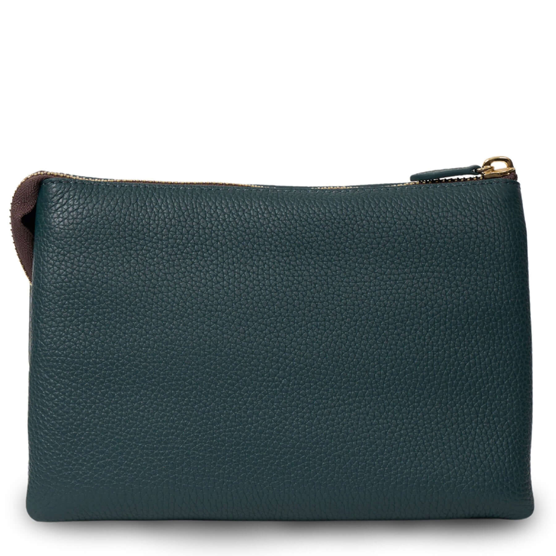 Alt Tag: Saben Tilly's Big Sis Crossbody Bag - Hunter Green pebbled leather clutch pouch with gold zip, roomy organiser for work to weekend