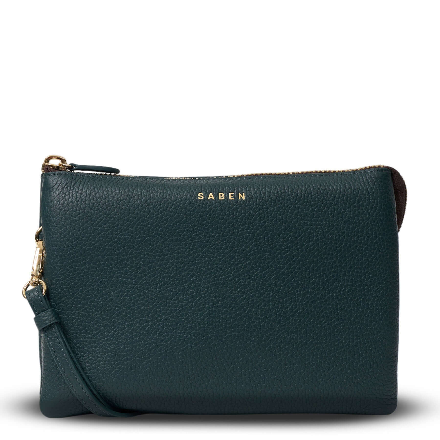 Alt Tag: Saben Tilly's Big Sis Crossbody Bag - Hunter Green pebbled leather clutch crossbody with wrist strap, zip top and gold Saben logo