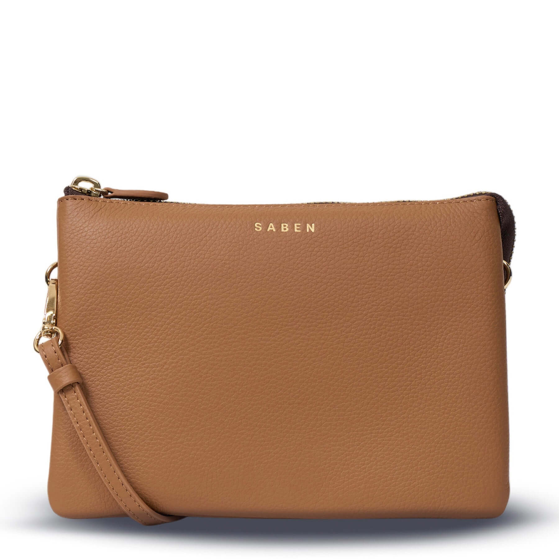 Alt Tag: Saben Tilly's Big Sis Crossbody Bag - Toffee pebbled leather crossbody clutch with gold hardware and wrist strap, front view