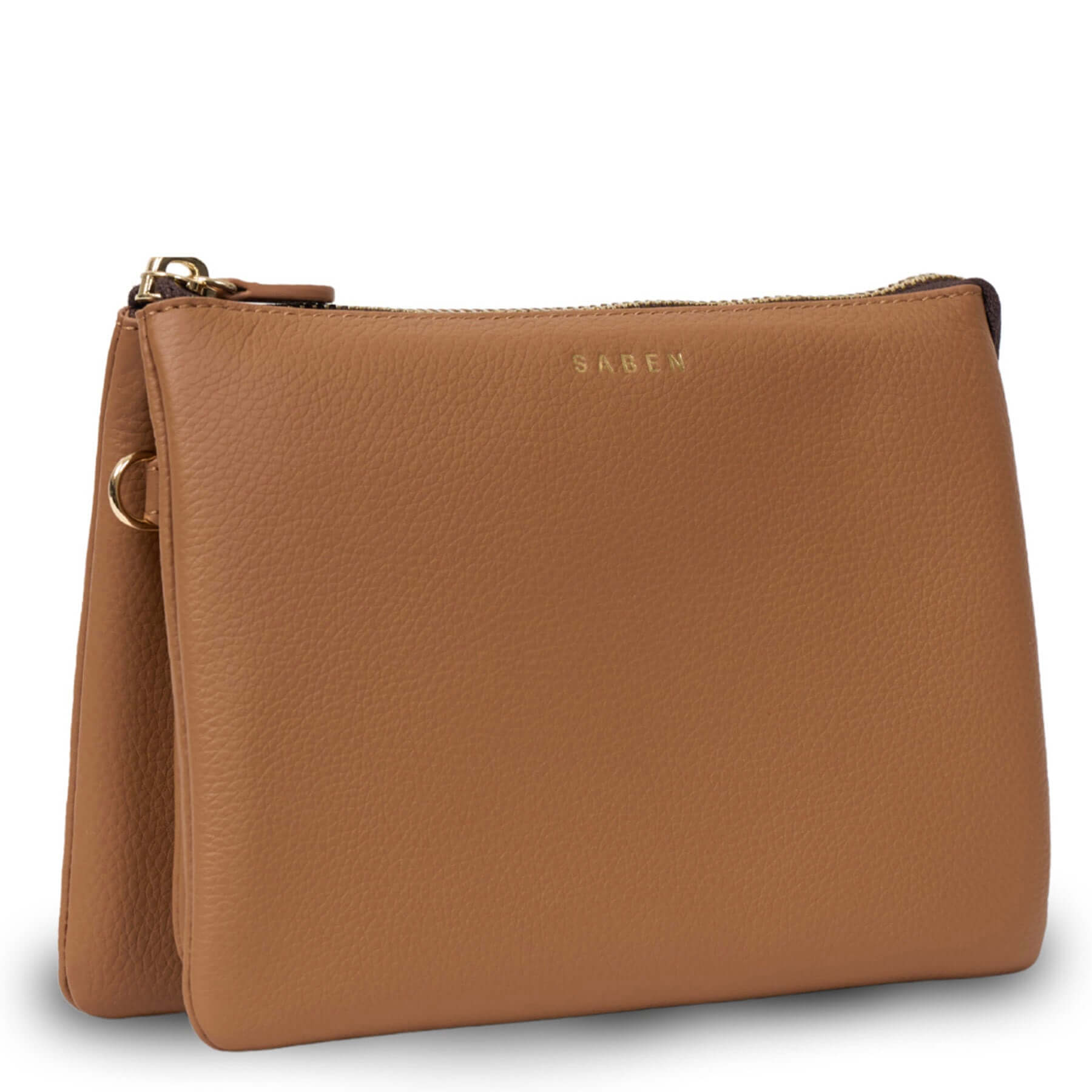 Alt Tag: Saben Tilly's Big Sis Crossbody Bag - Toffee pebbled leather clutch crossbody with gold zip and logo