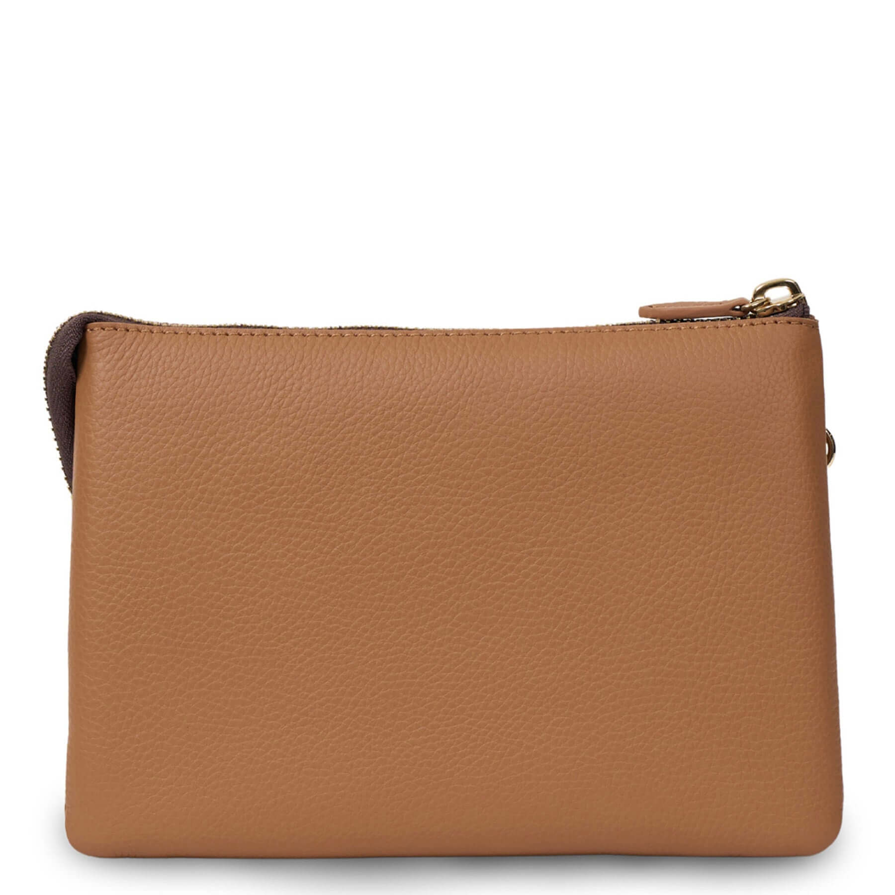 Alt Tag: Saben Tilly's Big Sis Crossbody Bag - Toffee pebbled leather clutch pouch with zip closure, front view