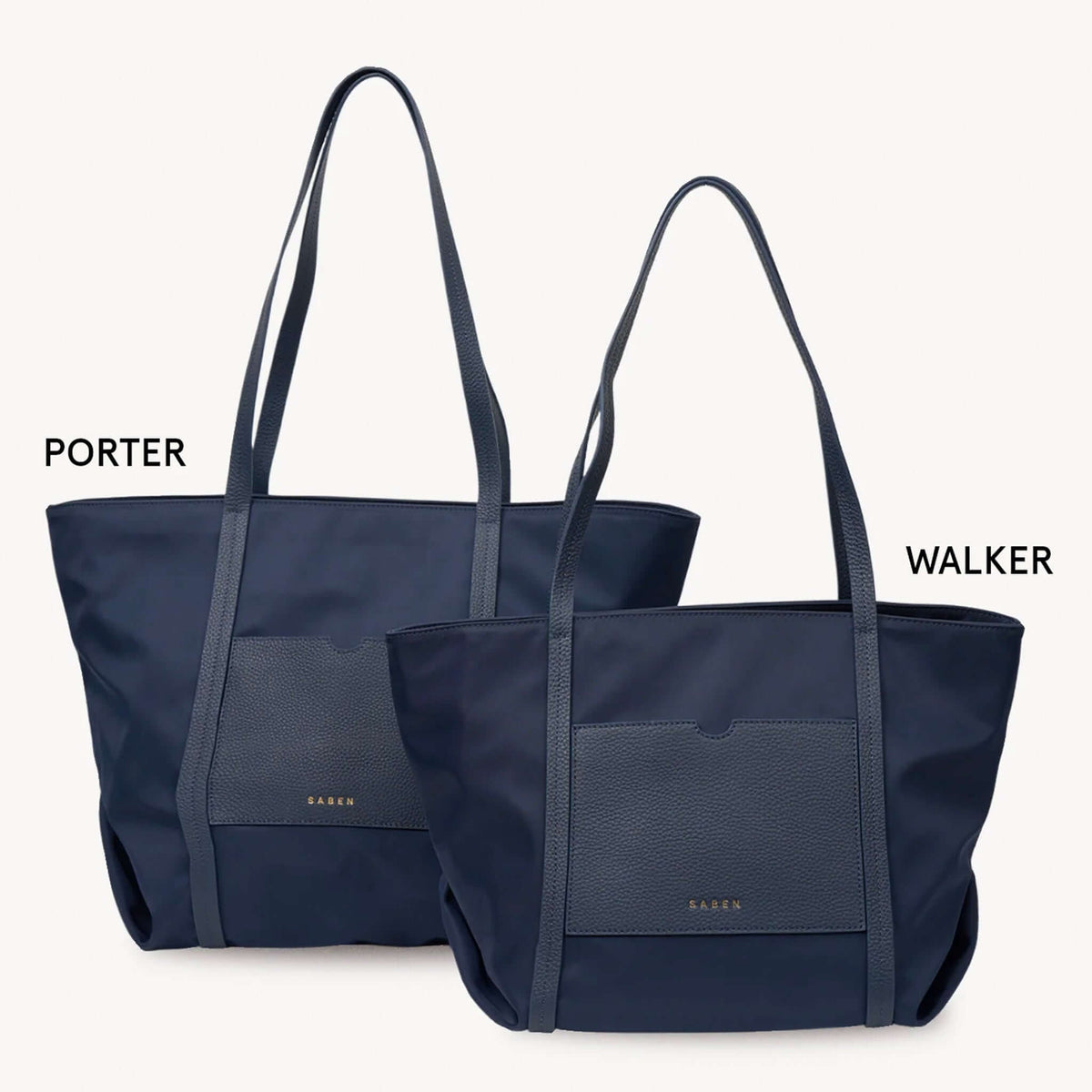 Saben Porter Tote - Black Recycled Nylon displayed alongside the Walker bag, highlighting their stylish designs.