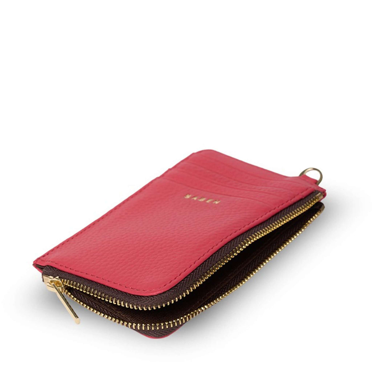 Saben Winona Card Holder - Azalea in vibrant pink with gold zipper and card slots view from the side.