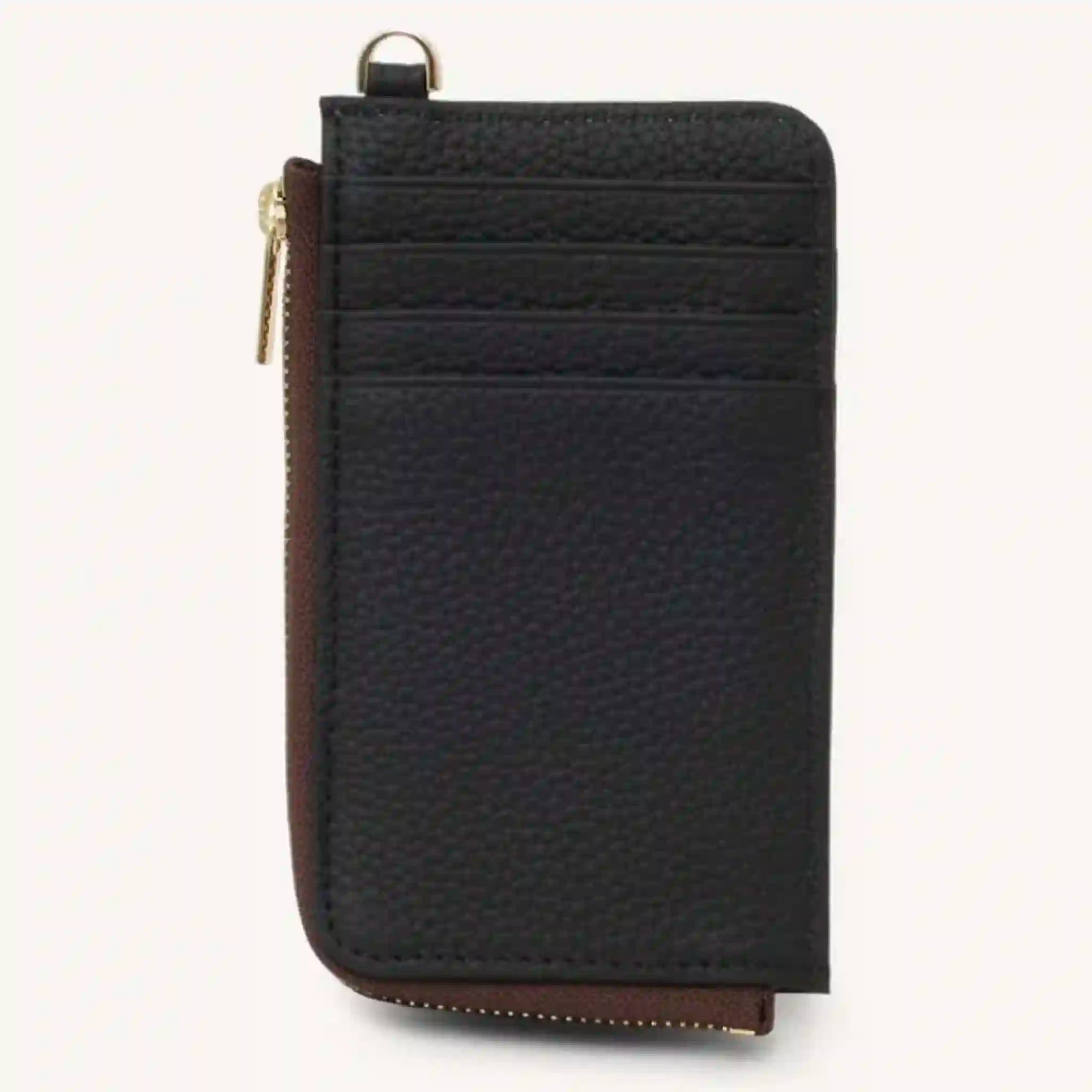 Black leather wallet with a zipper on a white background