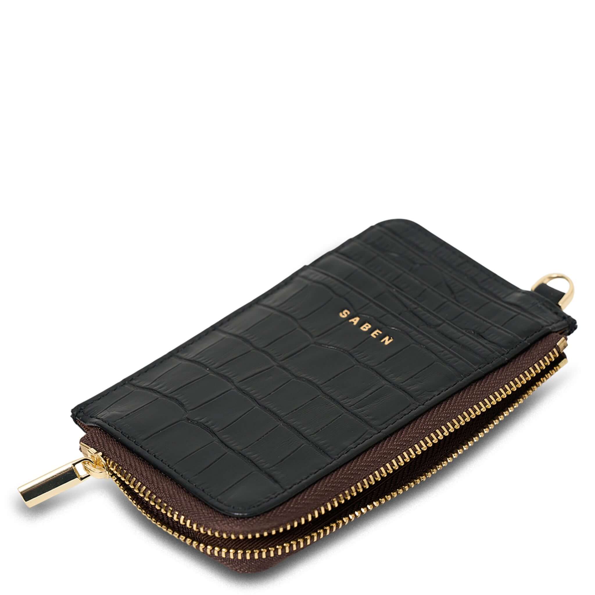 Alt Tag: Saben Winona Card Holder - Black Croc textured leather wallet with zip coin pocket, gold zipper and 8 card slots