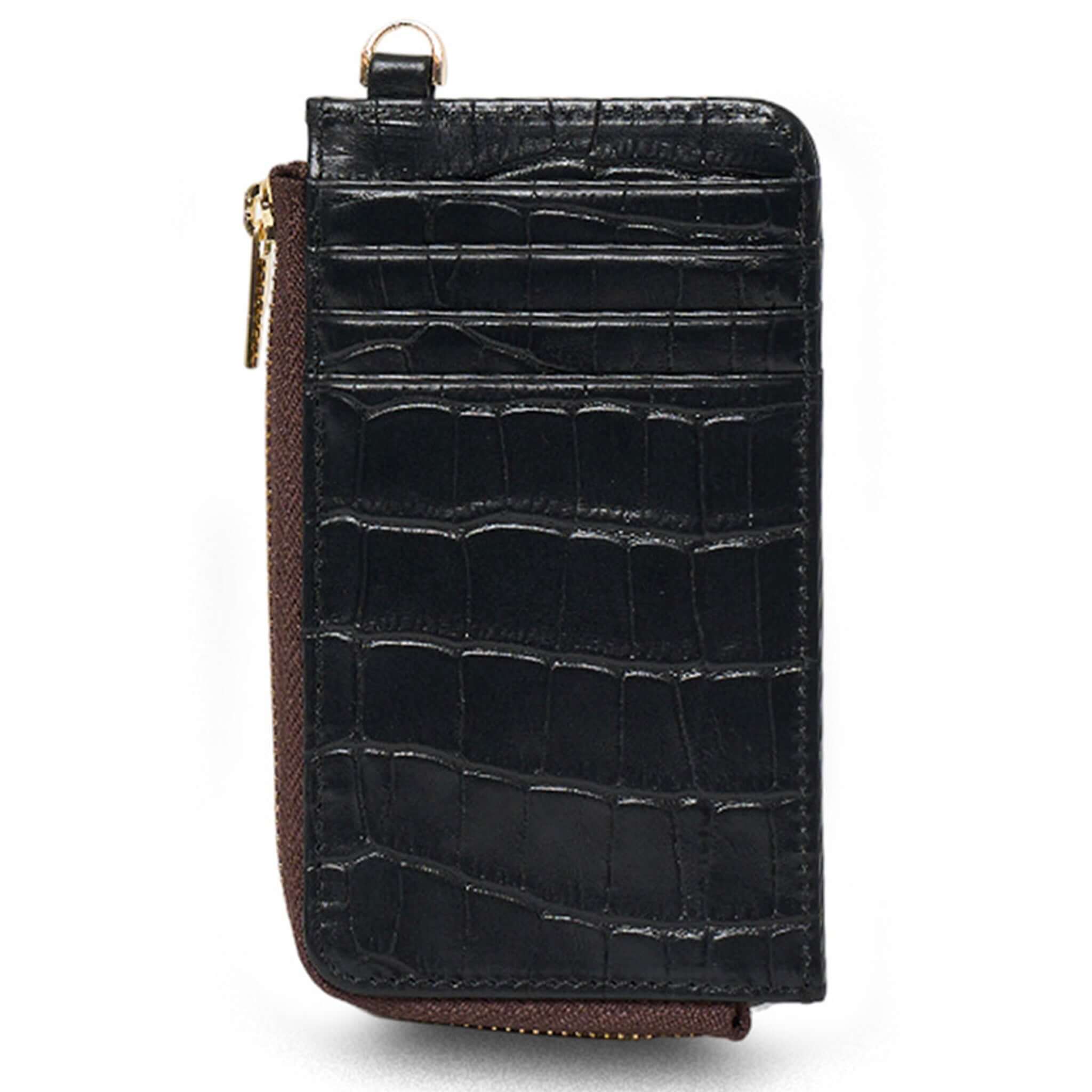 Alt Tag: Saben Winona Card Holder - Black Croc textured leather card holder wallet with zip coin compartment and 8 card slots