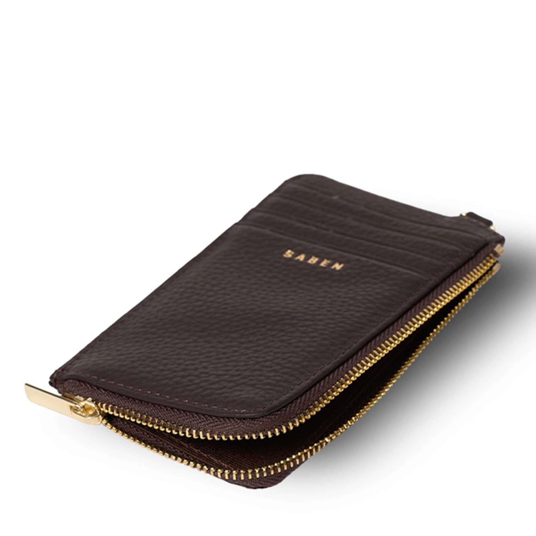 Saben Winona Card Holder - Cacao in textured brown leather with gold zipper and card slots.