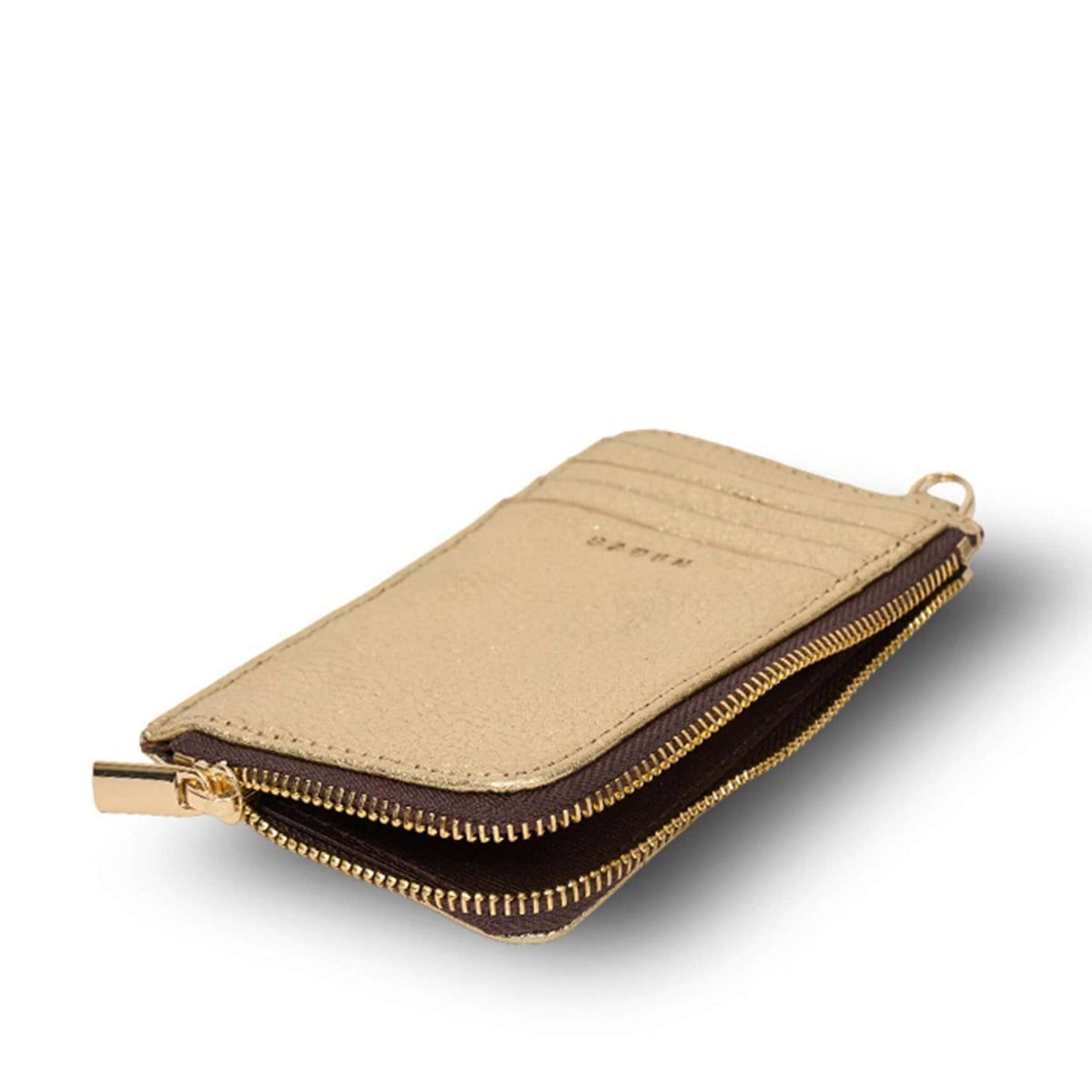 Saben Winona Card Holder - Champagne Metallic featuring premium textured leather and gold zip details.