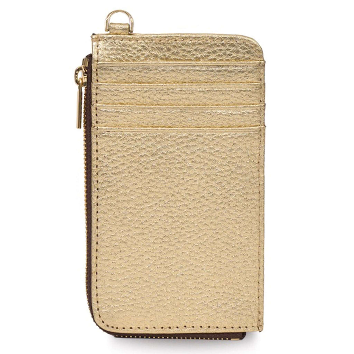 Saben Winona Card Holder - Champagne Metallic in textured gold leather with card slots and zip compartment.