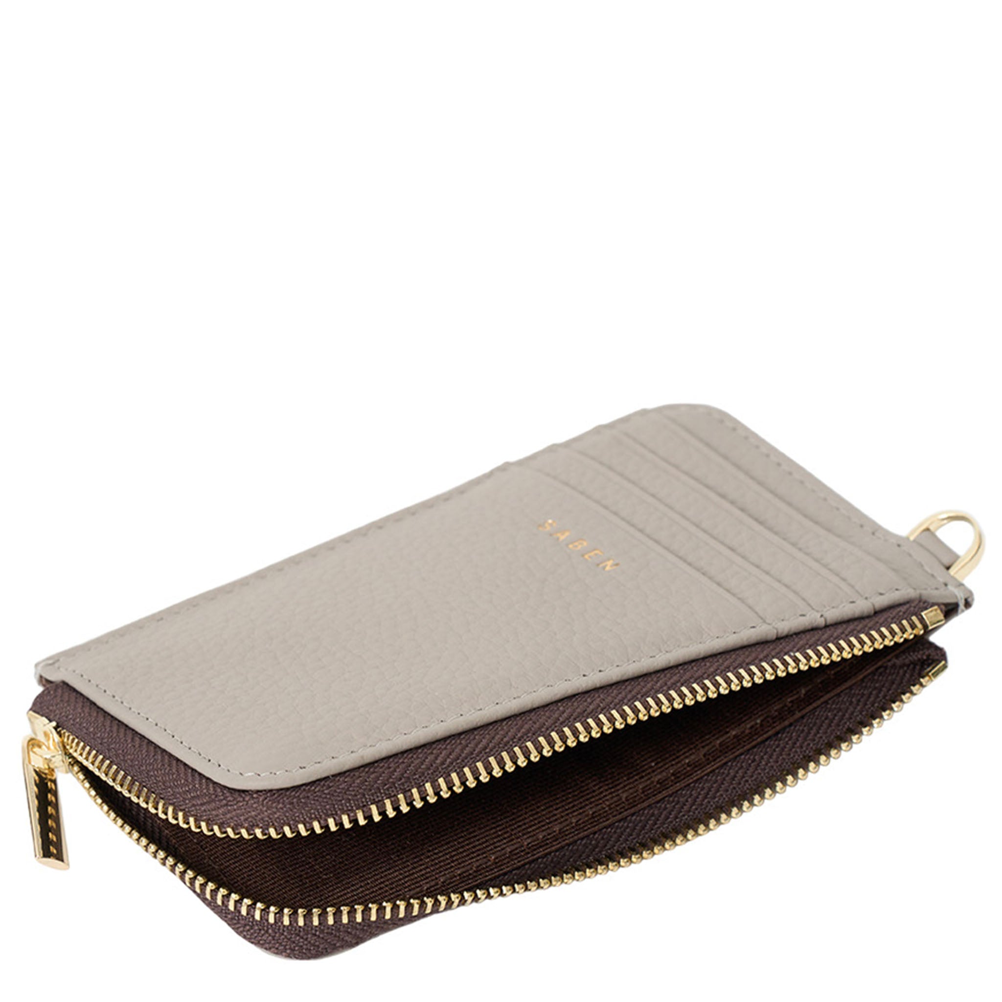 Two-tone wallet with beige top half and brown bottom half on a white background
