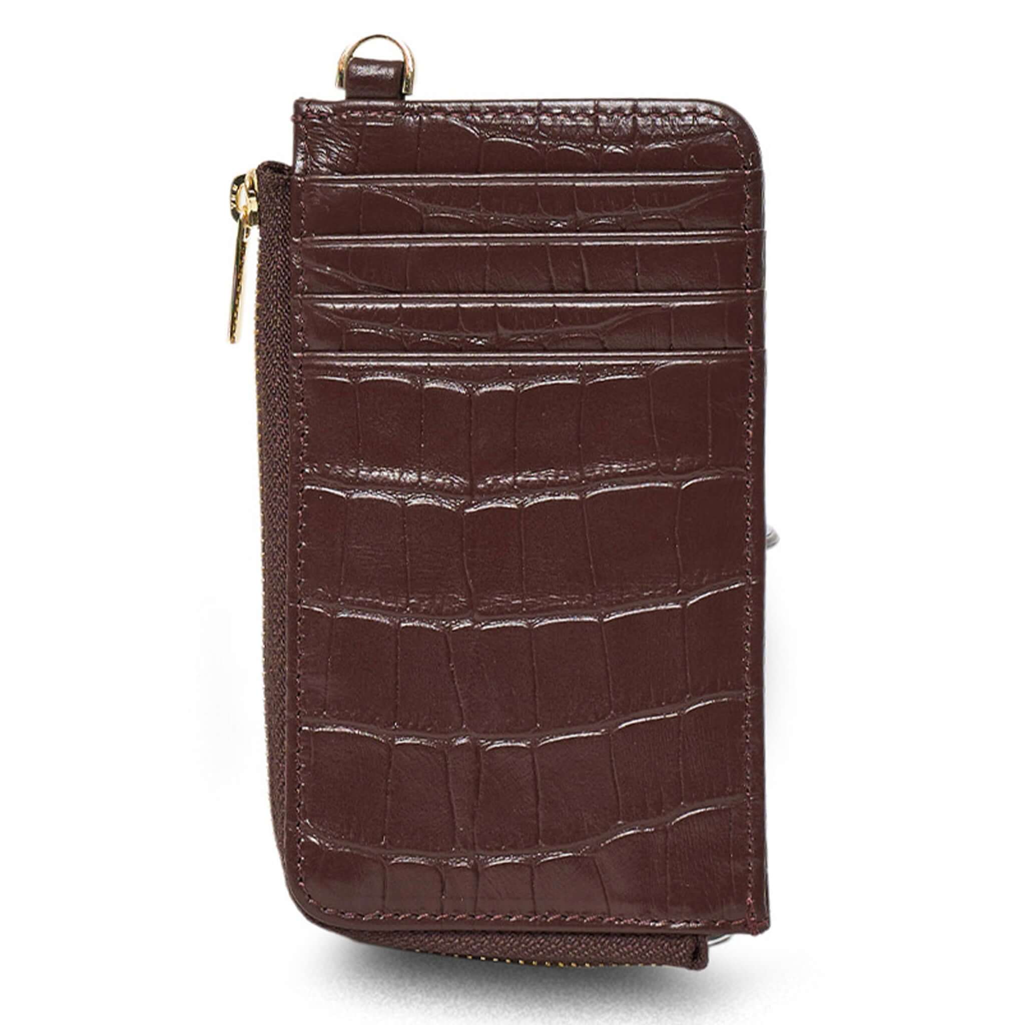 Alt Tag: Saben Winona Card Holder - Espresso Croc textured leather card holder with zip coin pocket and 8 card slots