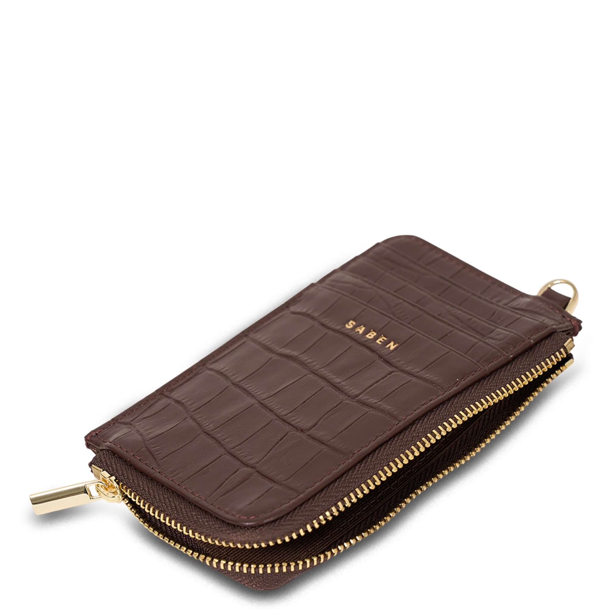 Alt Tag: Saben Winona Card Holder - Espresso Croc textured leather card holder wallet with gold zipper and croc embossing