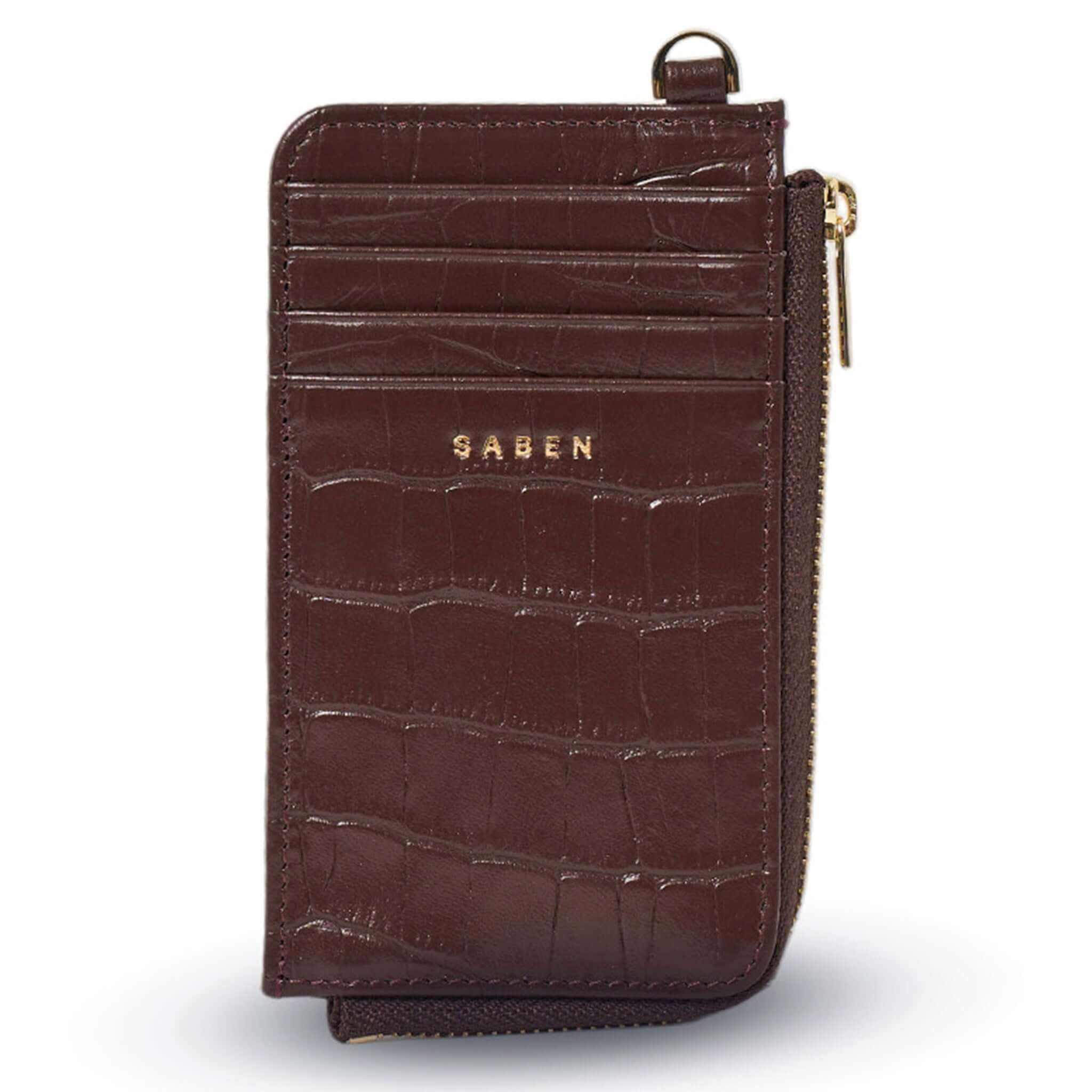 Alt Tag: Saben Winona Card Holder - Espresso Croc textured leather card holder with 8 slots and zip coin compartment, sleek compact wallet