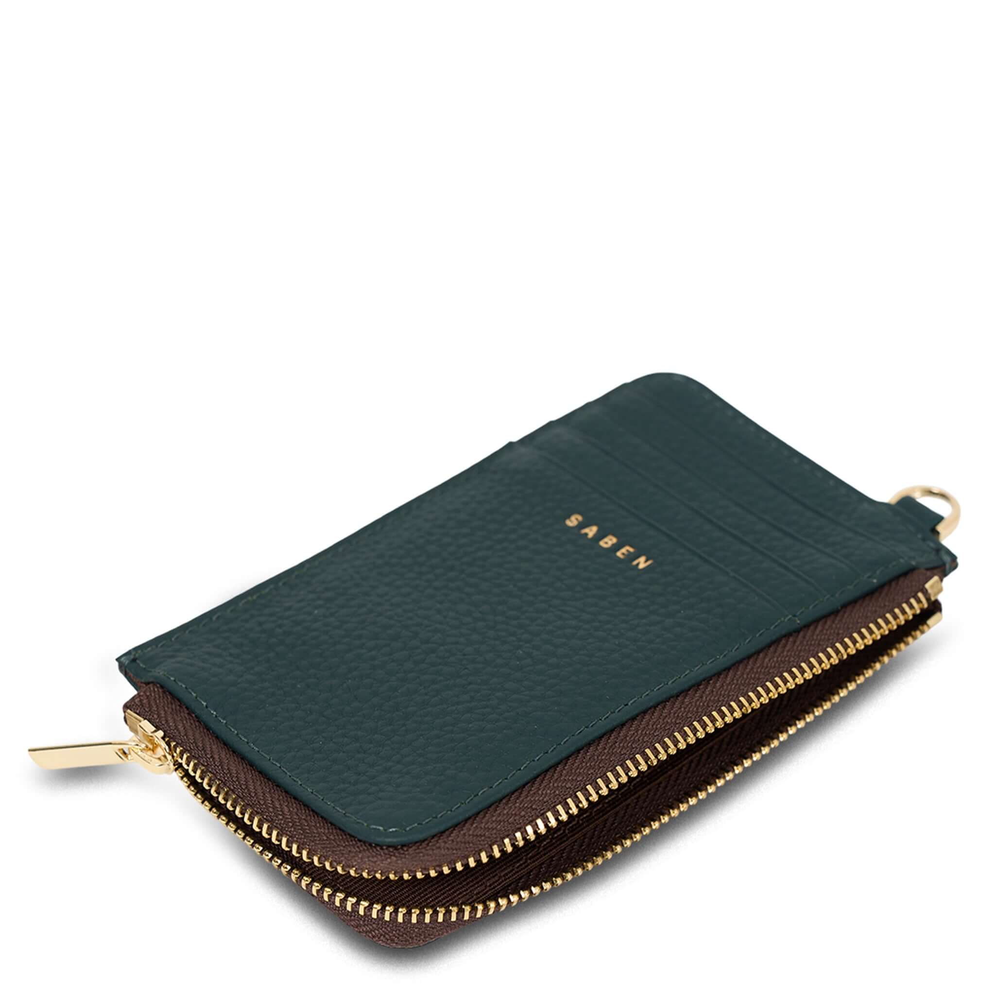 Alt Tag: Saben Winona Card Holder - Hunter Green textured leather card holder wallet with gold zip coin compartment and 8 card slots